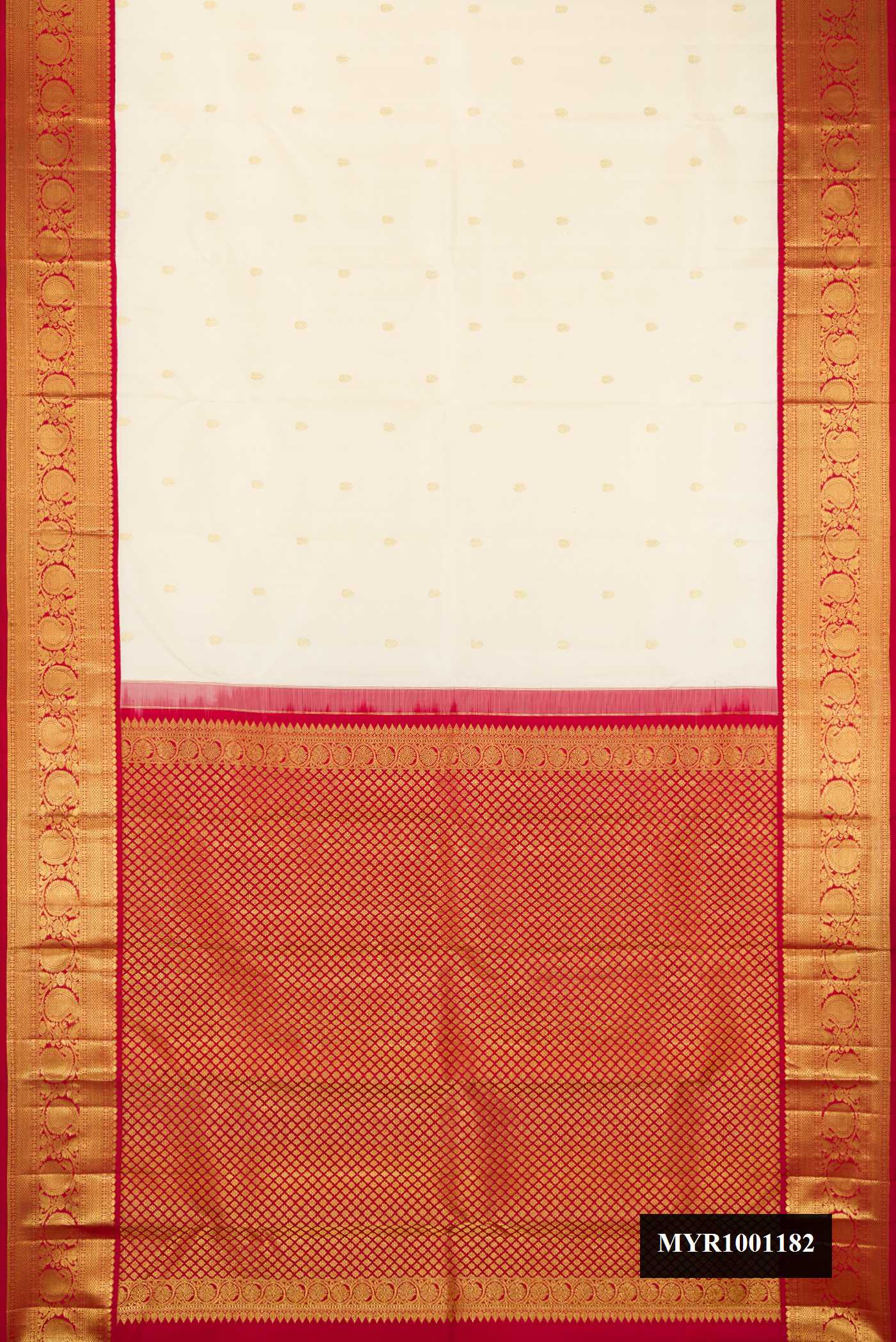 Sandal Dual Tone Kanchipuram Silk Saree with Zari Butta on the body and Zari Border.  displayed on a mannequin