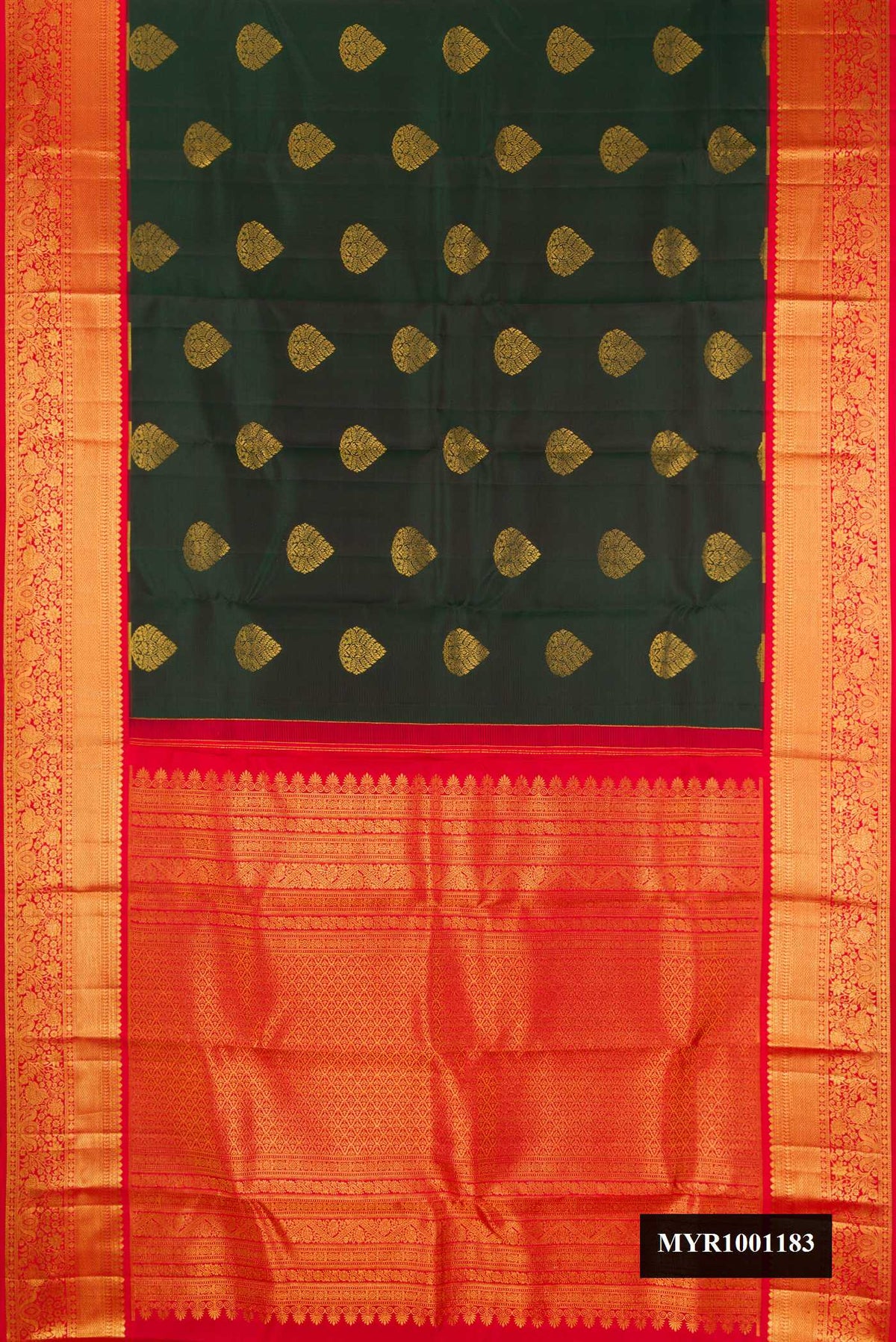 Bottle Green Dual Tone Kanchipuram Silk Saree with Zari Butta on the body and Zari Border.  displayed on a mannequin