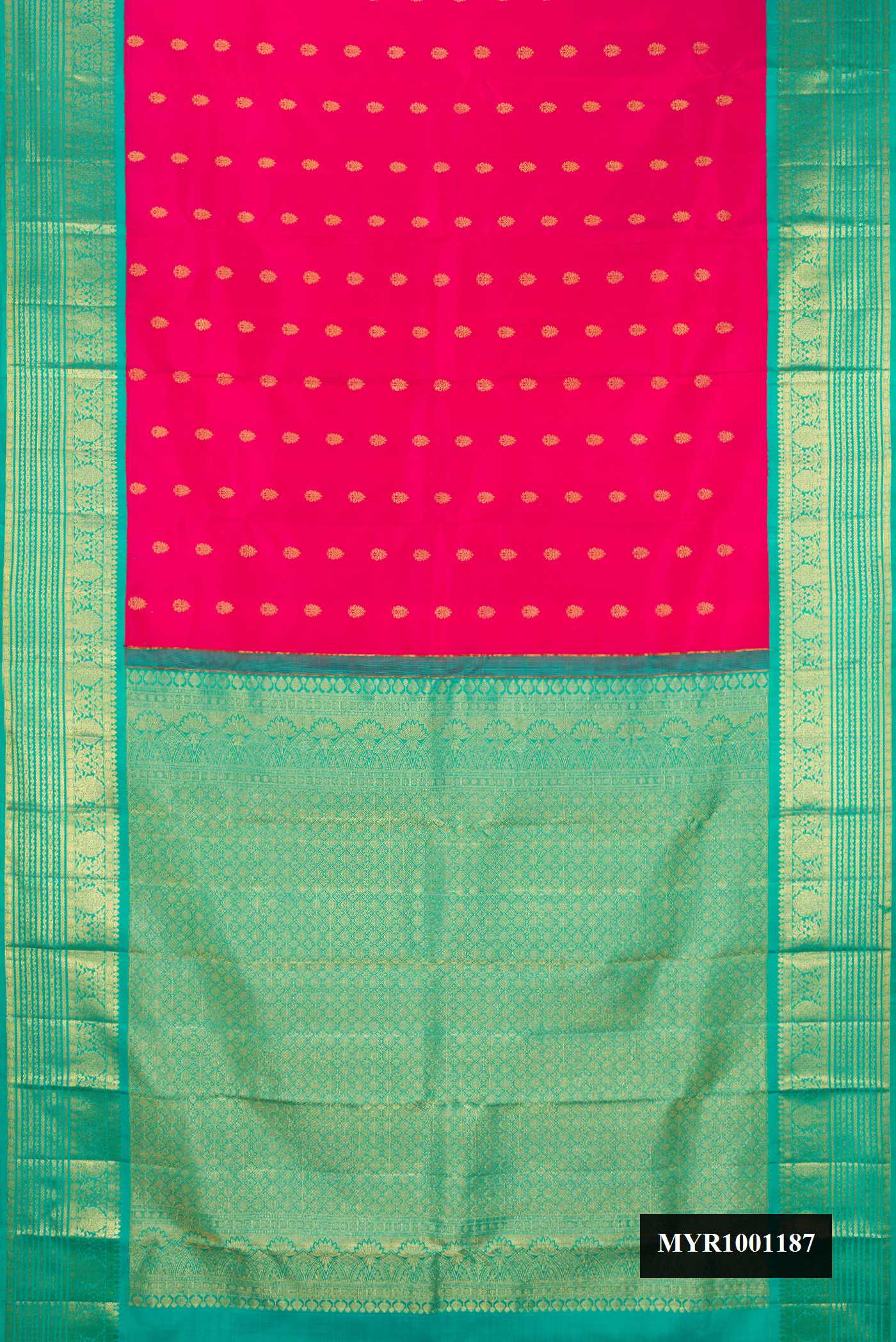 Rani Pink Dual Tone Kanchipuram Silk Saree with Zari Butta on the body and Zari Border.  displayed on a mannequin