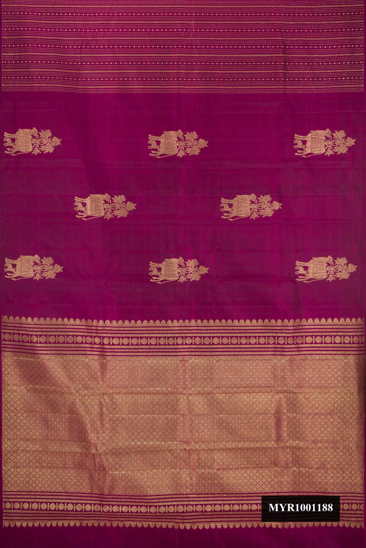 Purple Dual Tone Kanchipuram Silk Saree with Zari Butta on the body and Without Border.  displayed on a mannequin