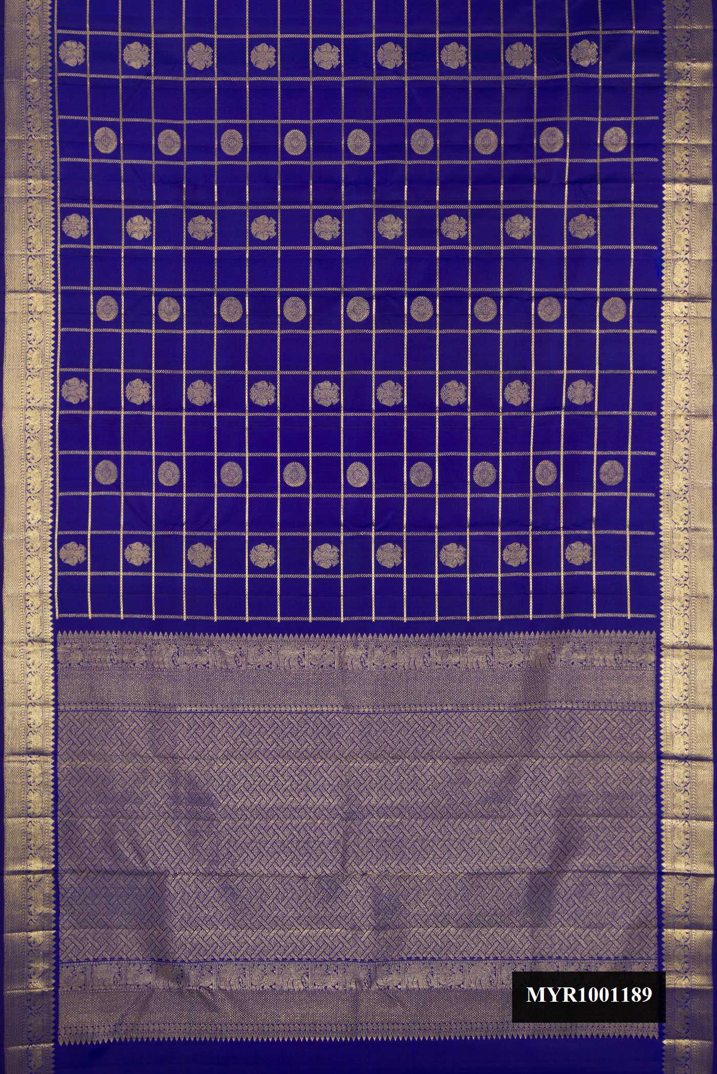 Royal Blue Dual Tone Kanchipuram Silk Saree with Checked design on the body and Zari Border.  displayed on a mannequin