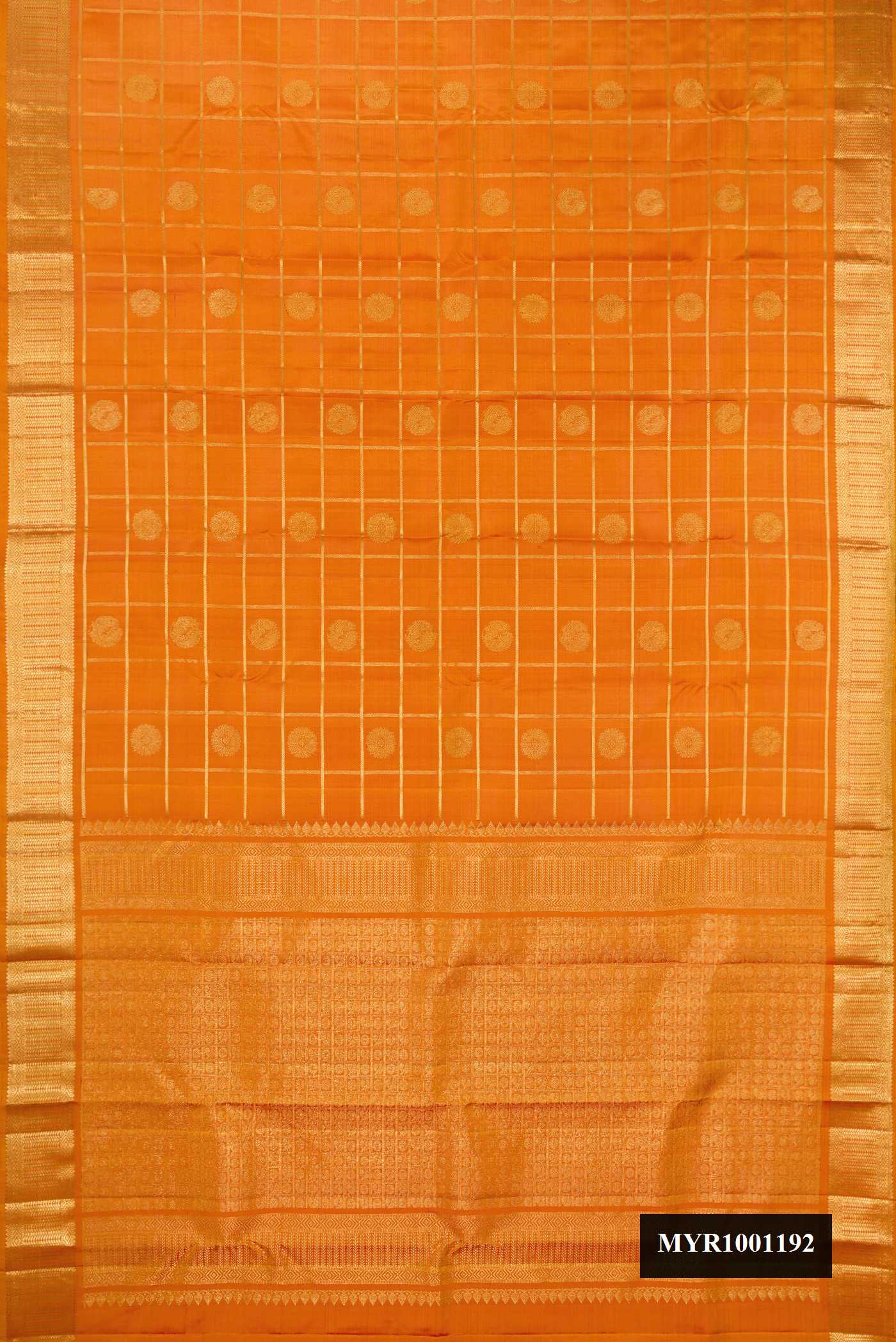 Mustard Dual Tone Kanchipuram Silk Saree with Checked design on the body and Zari Border.  displayed on a mannequin