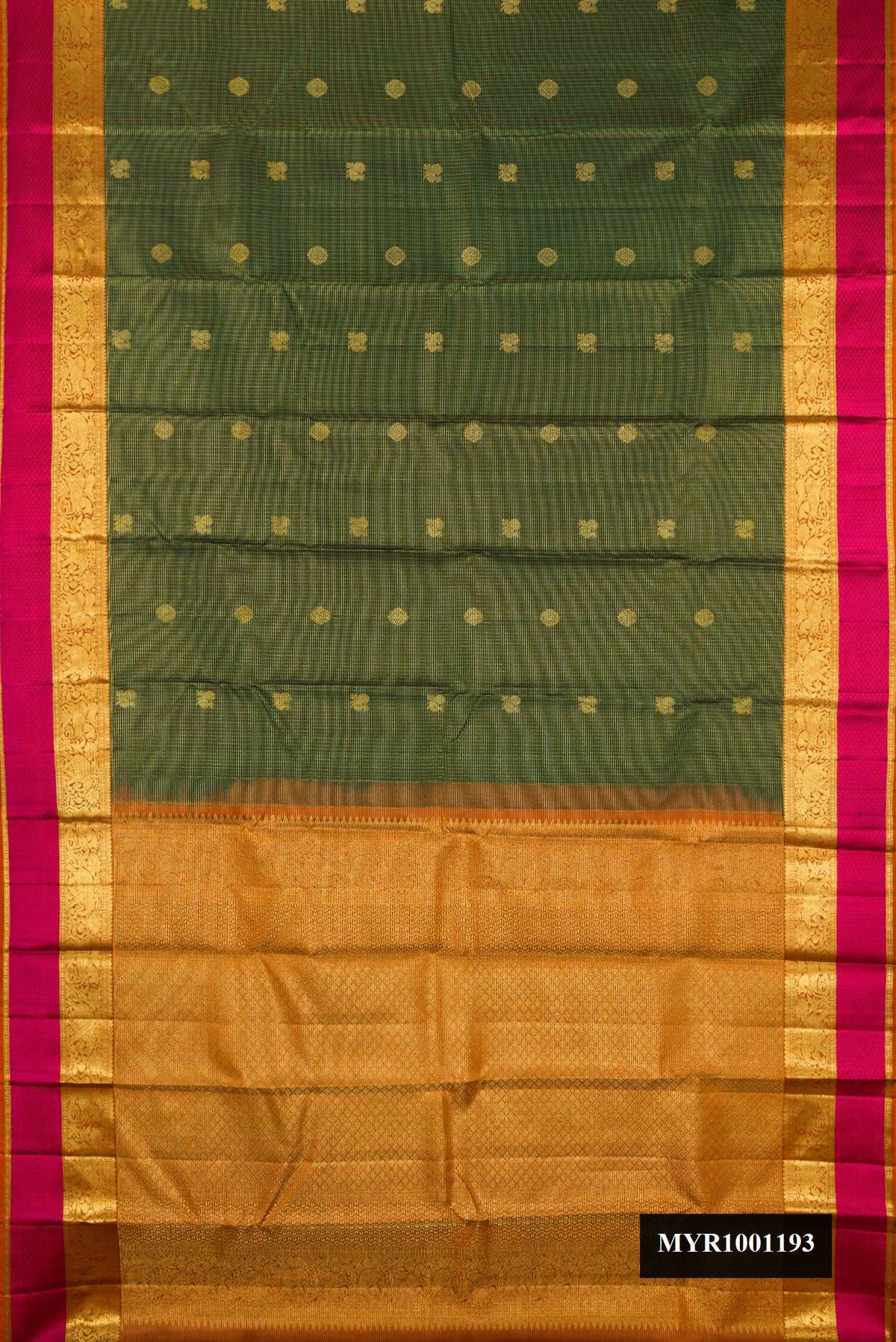 Bottle Green Dual Tone Kanchipuram Silk Saree with Checked design on the body and Zari And Thread Border.  displayed on a mannequin
