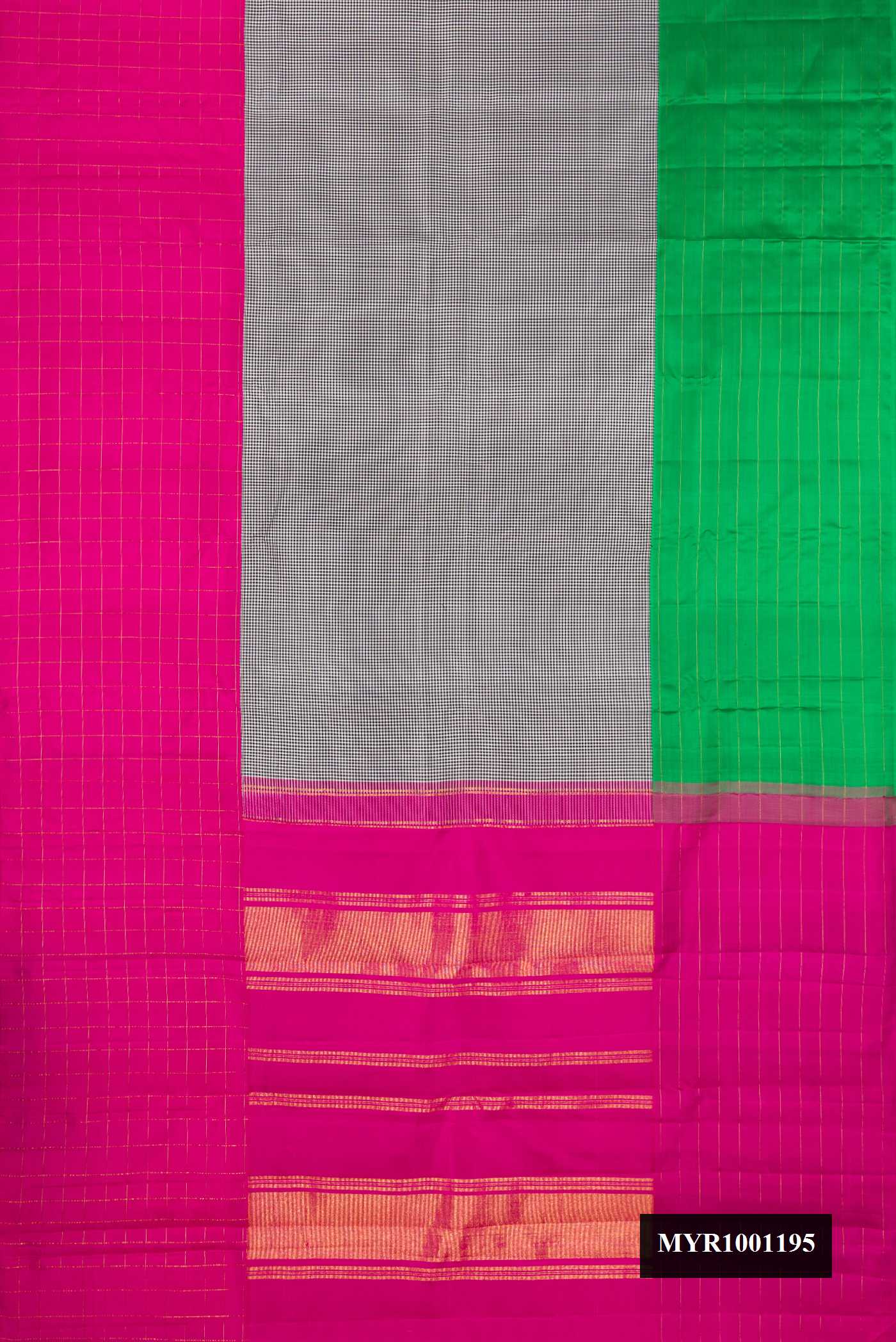 Black and White Dual Tone Kanchipuram Silk Saree with Checked design on the body and Ganga Jamuna Border.  displayed on a mannequin
