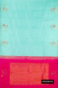 Sky Blue Dual Tone Kanchipuram Silk Saree with Stripes on the body and Fancy Border.  displayed on a mannequin