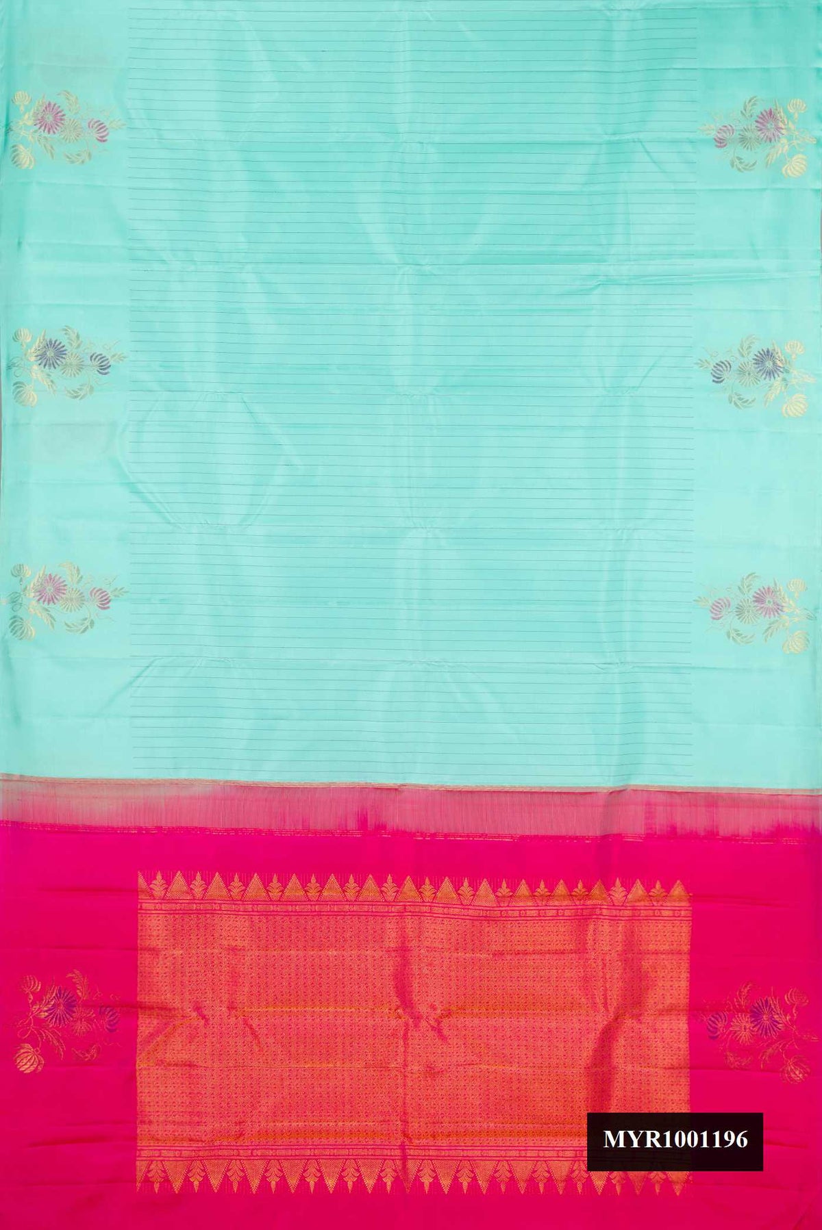 Sky Blue Dual Tone Kanchipuram Silk Saree with Stripes on the body and Fancy Border.  displayed on a mannequin