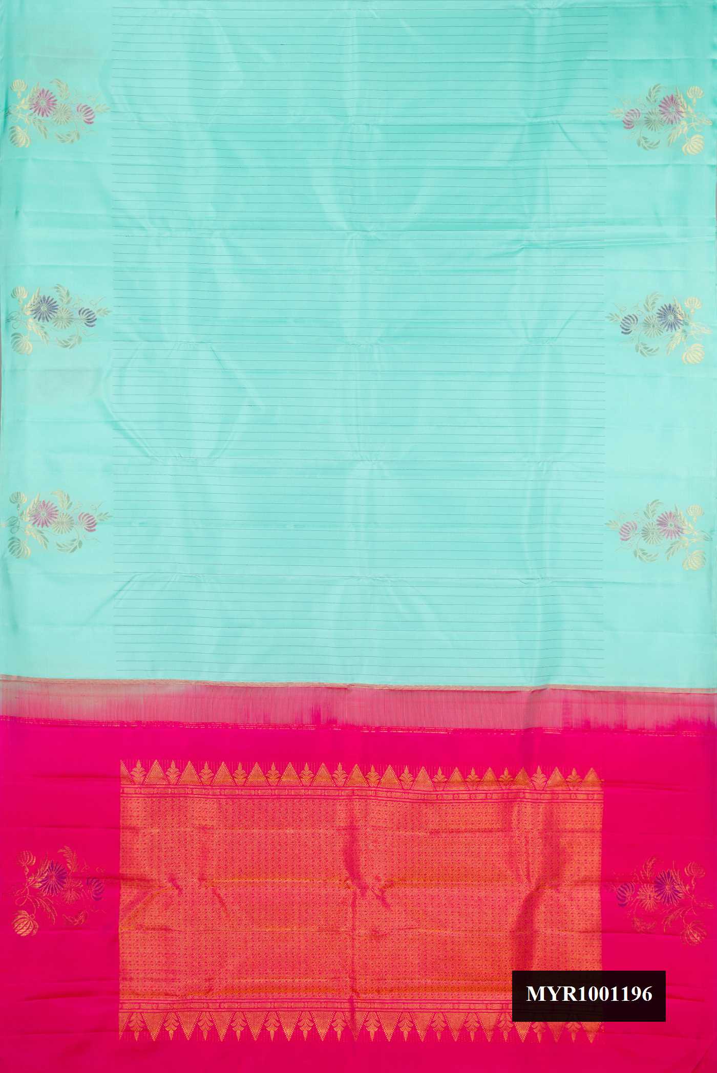 Sky Blue Dual Tone Kanchipuram Silk Saree with Stripes on the body and Fancy Border.  displayed on a mannequin