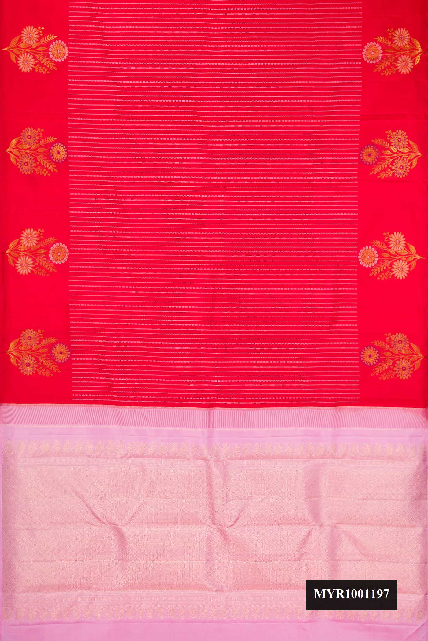 Red Dual Tone Kanchipuram Silk Saree with Stripes on the body and Fancy Border.  displayed on a mannequin