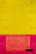 Parrot Green Dual Tone Kanchipuram Silk Saree with Stripes on the body and Fancy Border.  displayed on a mannequin