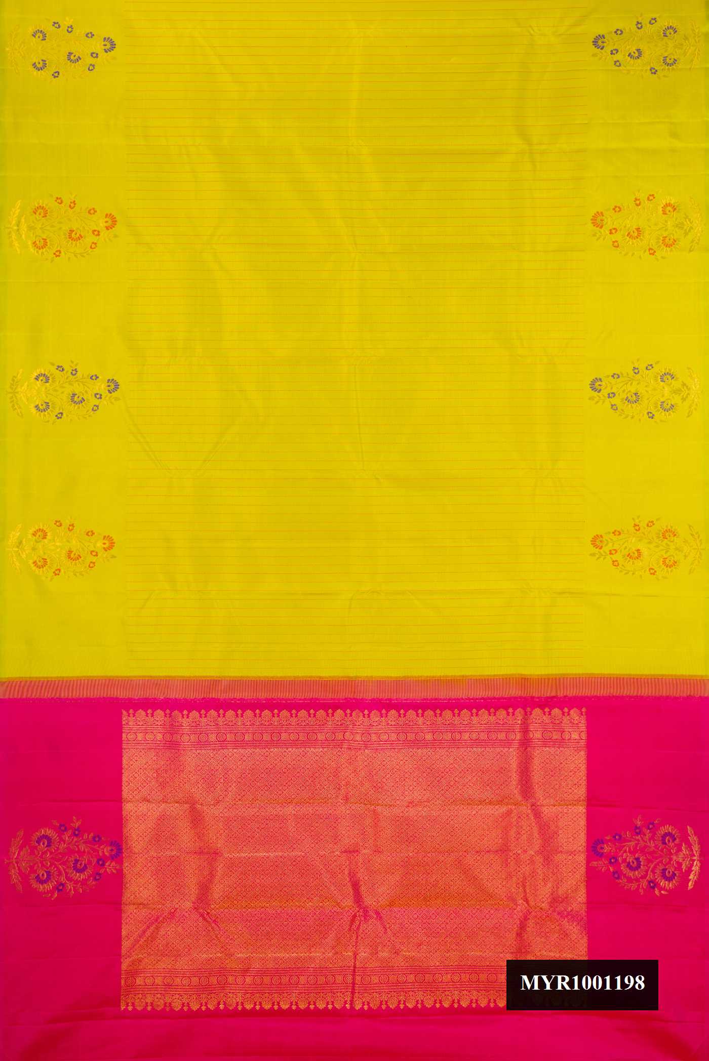 Parrot Green Dual Tone Kanchipuram Silk Saree with Stripes on the body and Fancy Border.  displayed on a mannequin