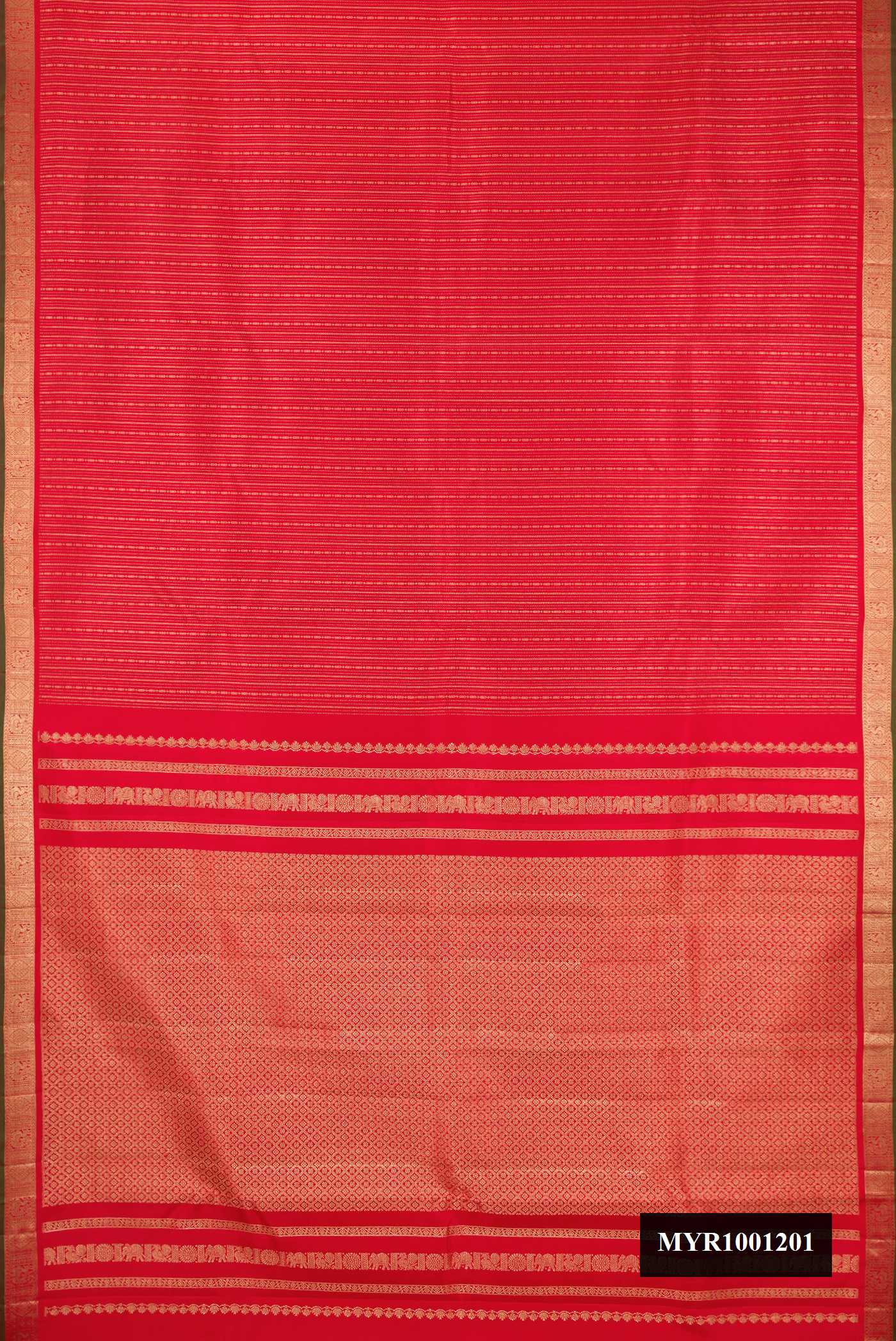 Red Dual Tone Kanchipuram Silk Saree with Zari Brocade on the body and Zari Border.  displayed on a mannequin