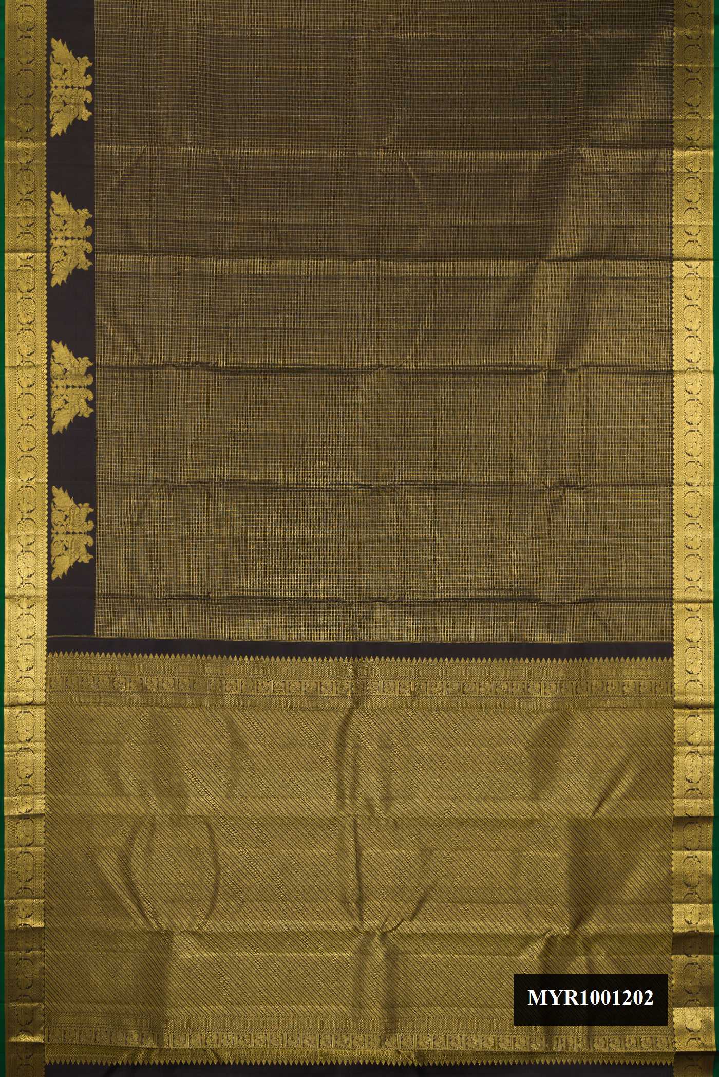 Black Dual Tone Kanchipuram Silk Saree with Checked design on the body and Fancy Border.  displayed on a mannequin