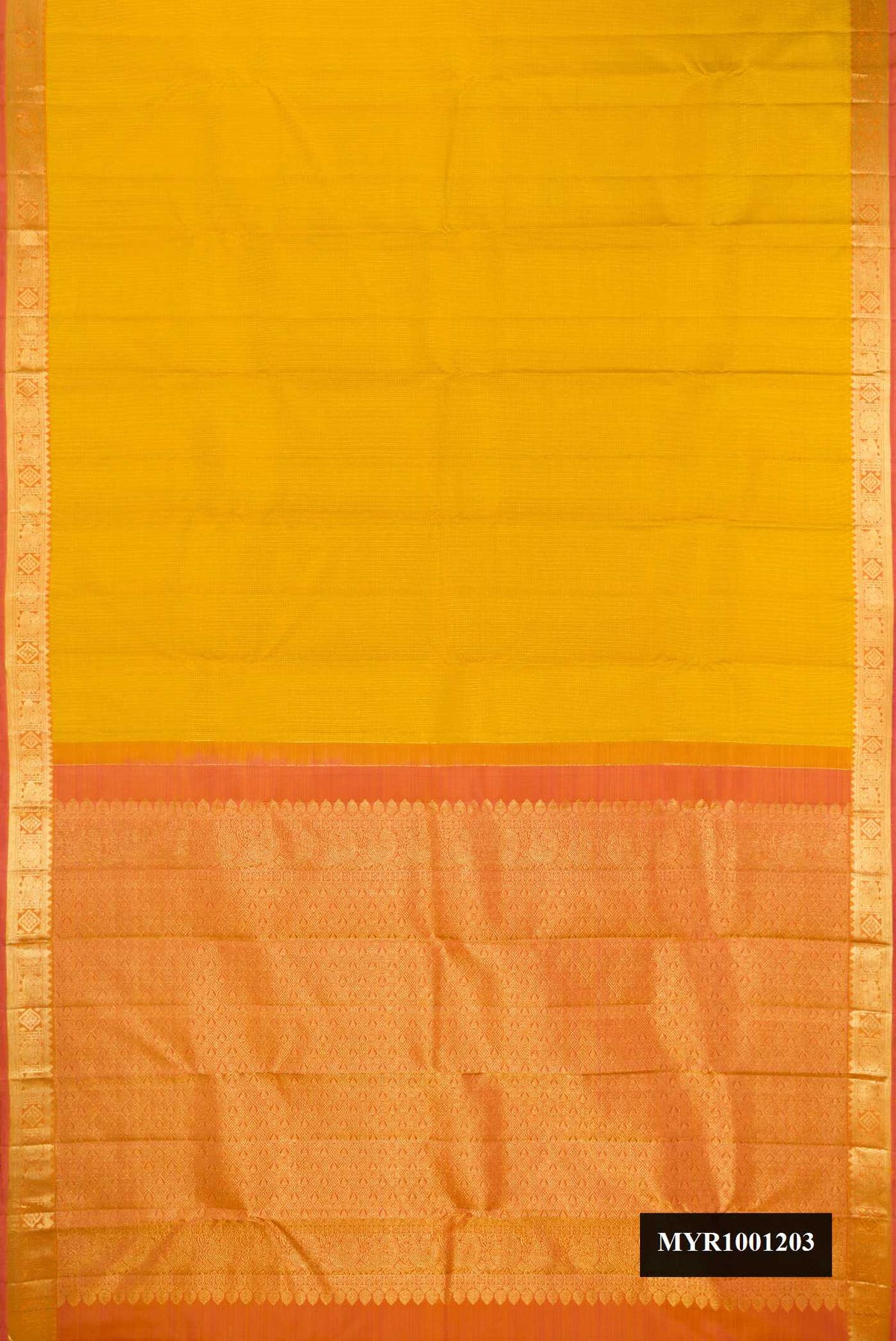 Mustard Dual Tone Kanchipuram Silk Saree with Checked design on the body and Zari Border.  displayed on a mannequin
