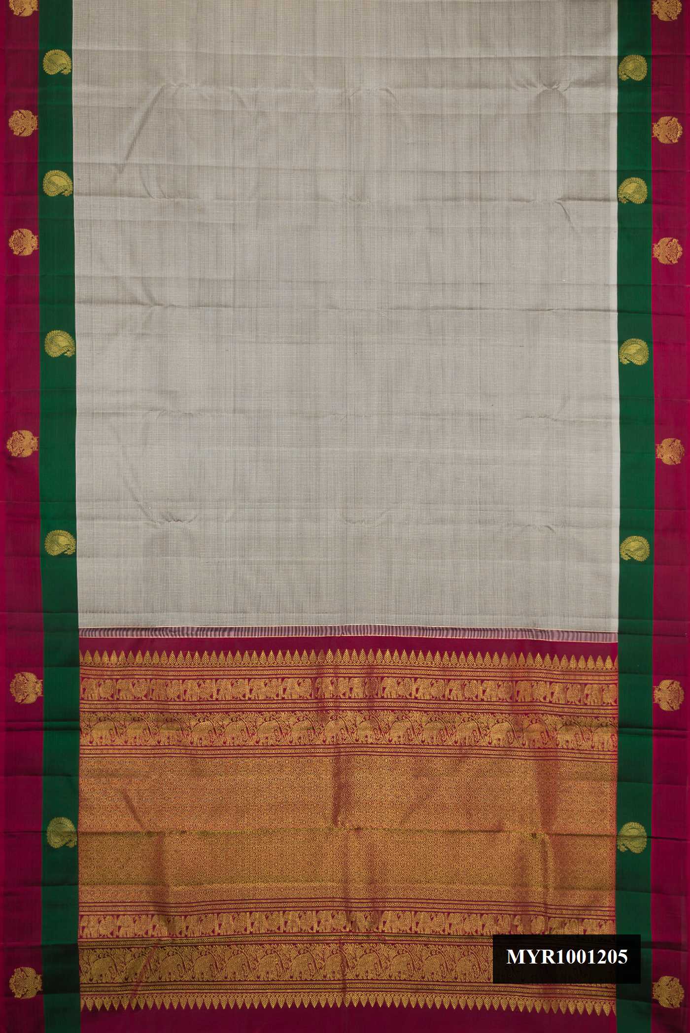 Grey Dual Tone Kanchipuram Silk Saree with Checked design on the body and Fancy Border.  displayed on a mannequin