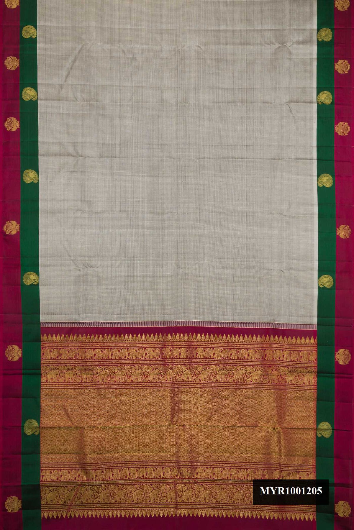 Grey Dual Tone Kanchipuram Silk Saree with Checked design on the body and Fancy Border.  displayed on a mannequin