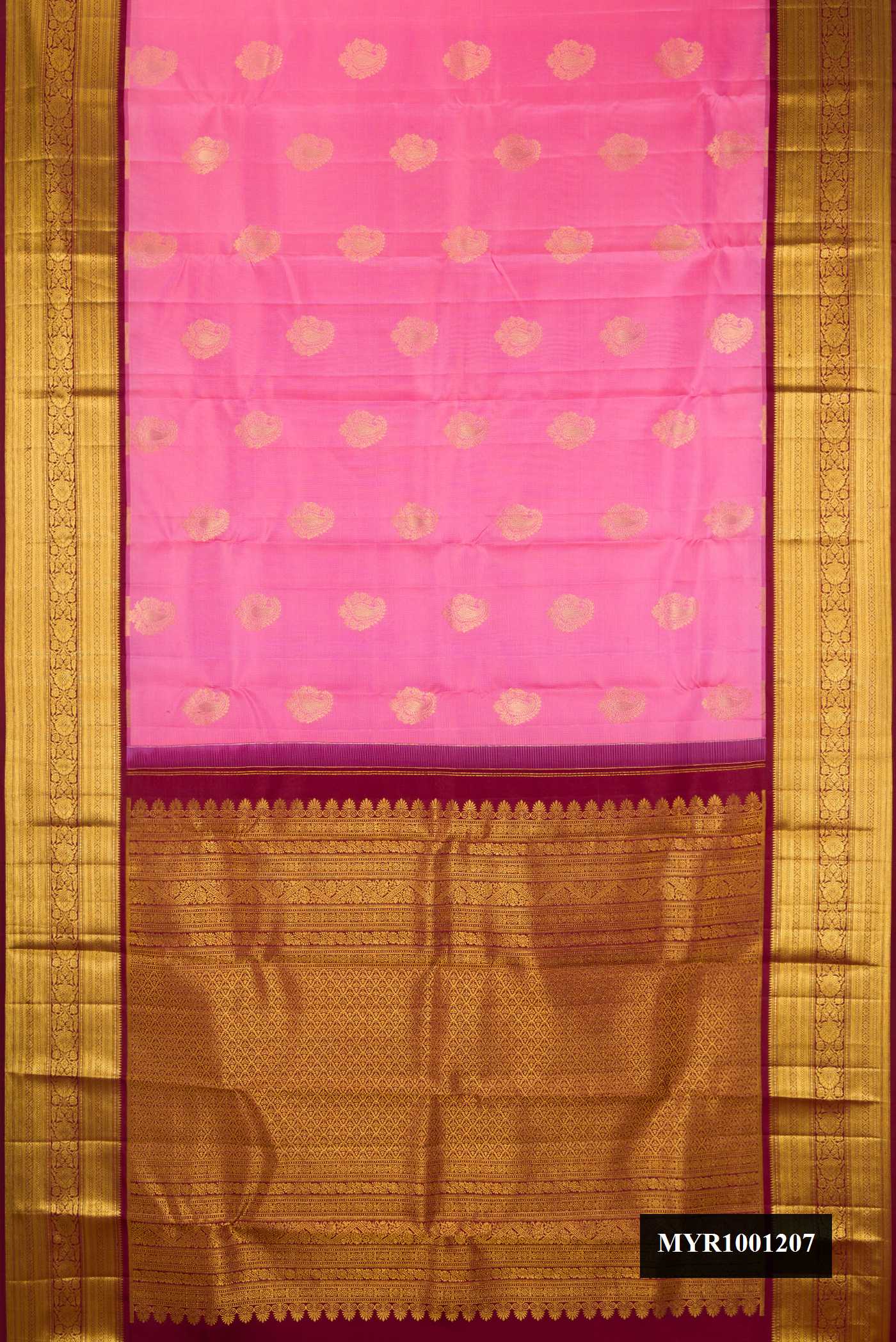 Rose pink Dual Tone Kanchipuram Silk Saree with Zari Butta on the body and Fancy Border.  displayed on a mannequin