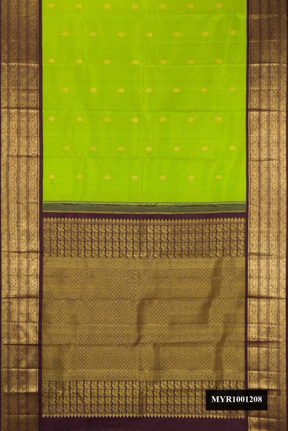 Parrot Green Dual Tone Kanchipuram Silk Saree with Zari Butta on the body and Fancy Border.  displayed on a mannequin
