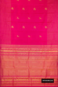 Dark Pink Dual Tone Kanchipuram Silk Saree with Zari Butta on the body and Zari Border.  displayed on a mannequin