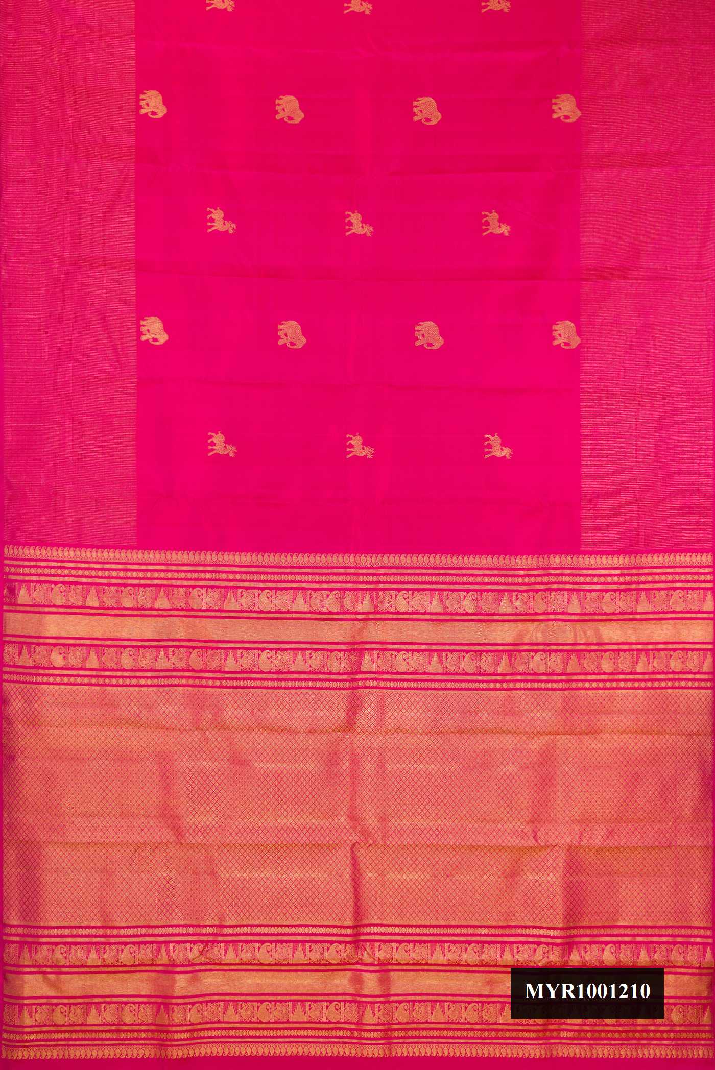 Dark Pink Dual Tone Kanchipuram Silk Saree with Zari Butta on the body and Zari Border.  displayed on a mannequin
