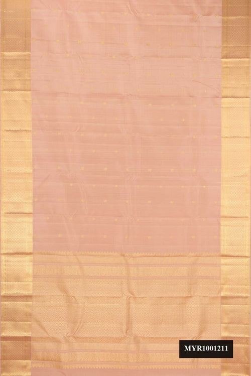 Beige Dual Tone Kanchipuram Silk Saree with Zari Butta on the body and Zari Border.  displayed on a mannequin