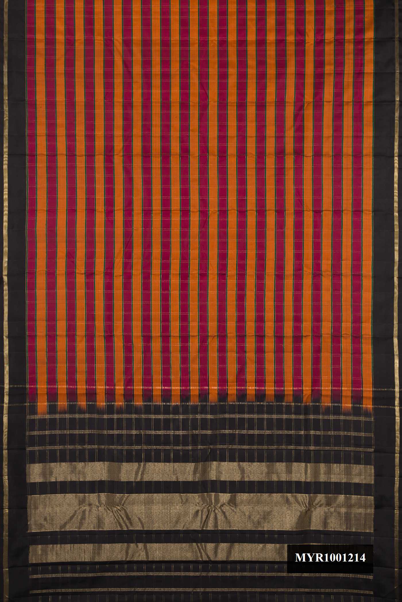 Multi Dual Tone Kanchipuram Silk Saree with Checked design on the body and Zari Border.  displayed on a mannequin