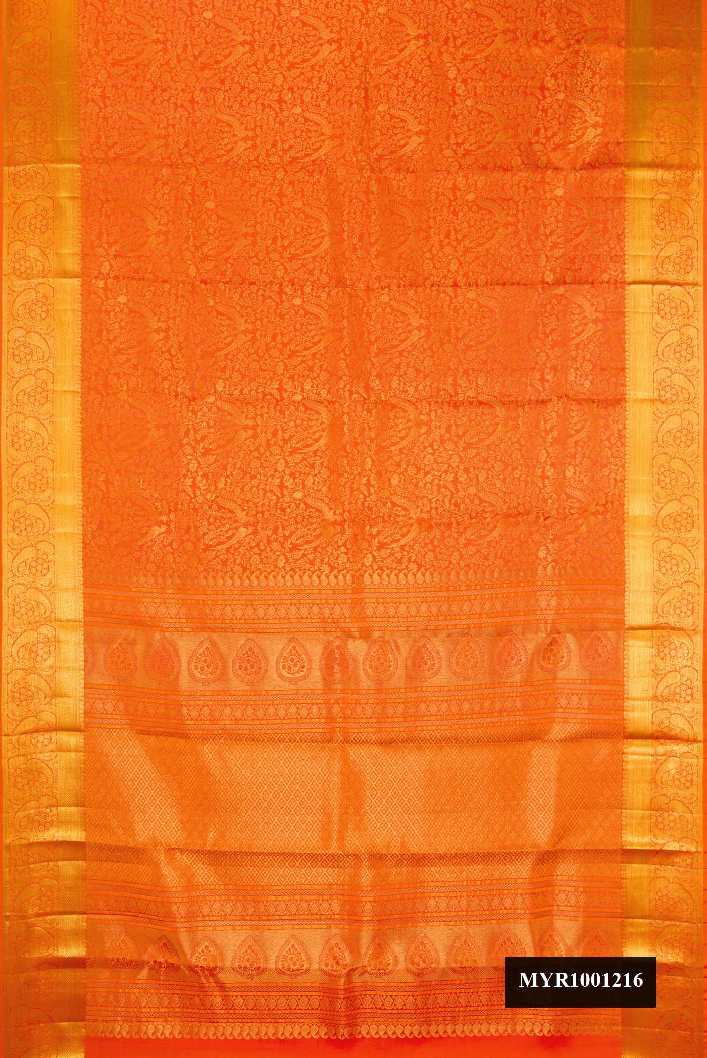 Orange Dual Tone Kanchipuram Silk Saree with Zari Brocade on the body and Zari Border.  displayed on a mannequin