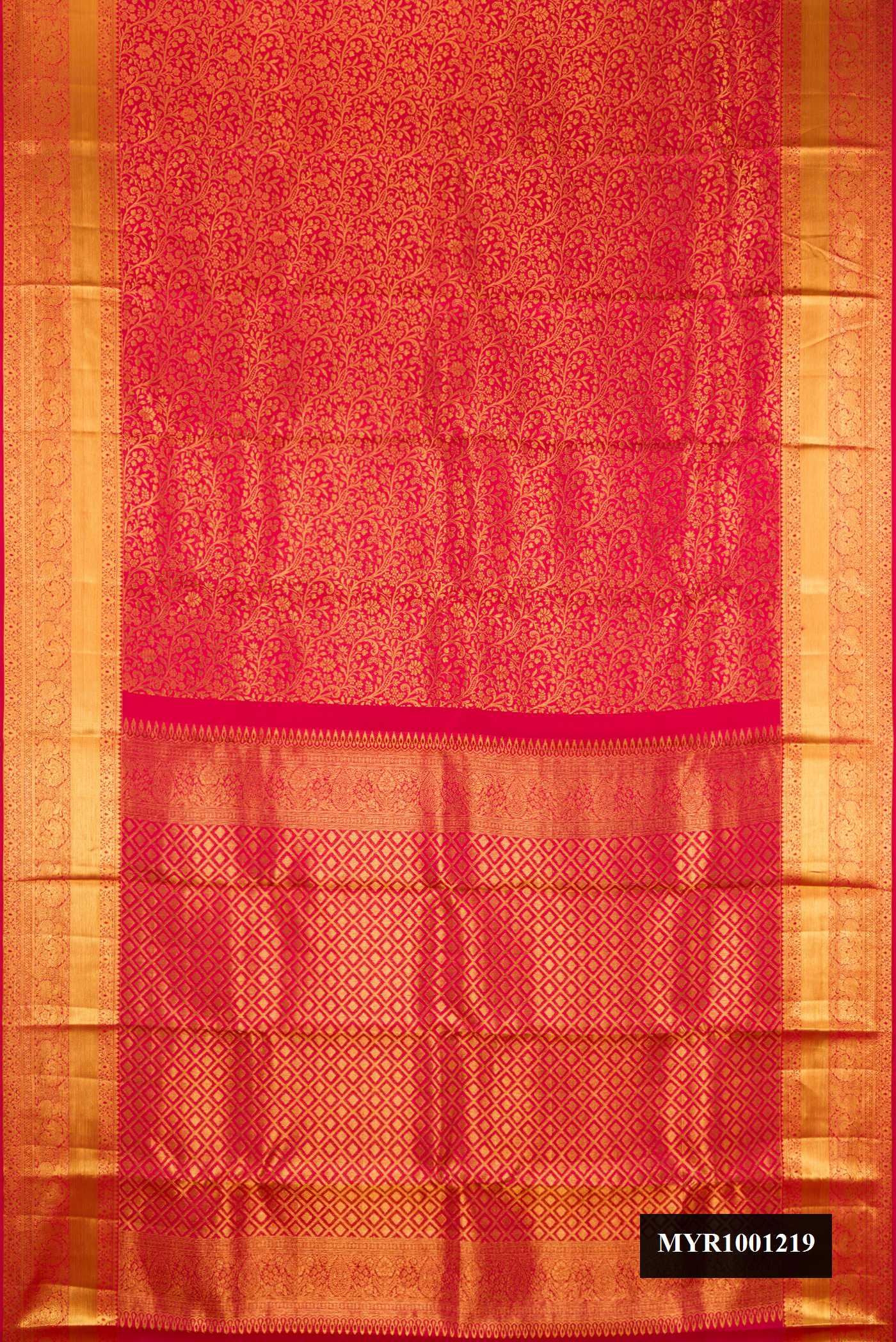 Dark Pink Dual Tone Kanchipuram Silk Saree with Zari Brocade on the body and Zari Border.  displayed on a mannequin