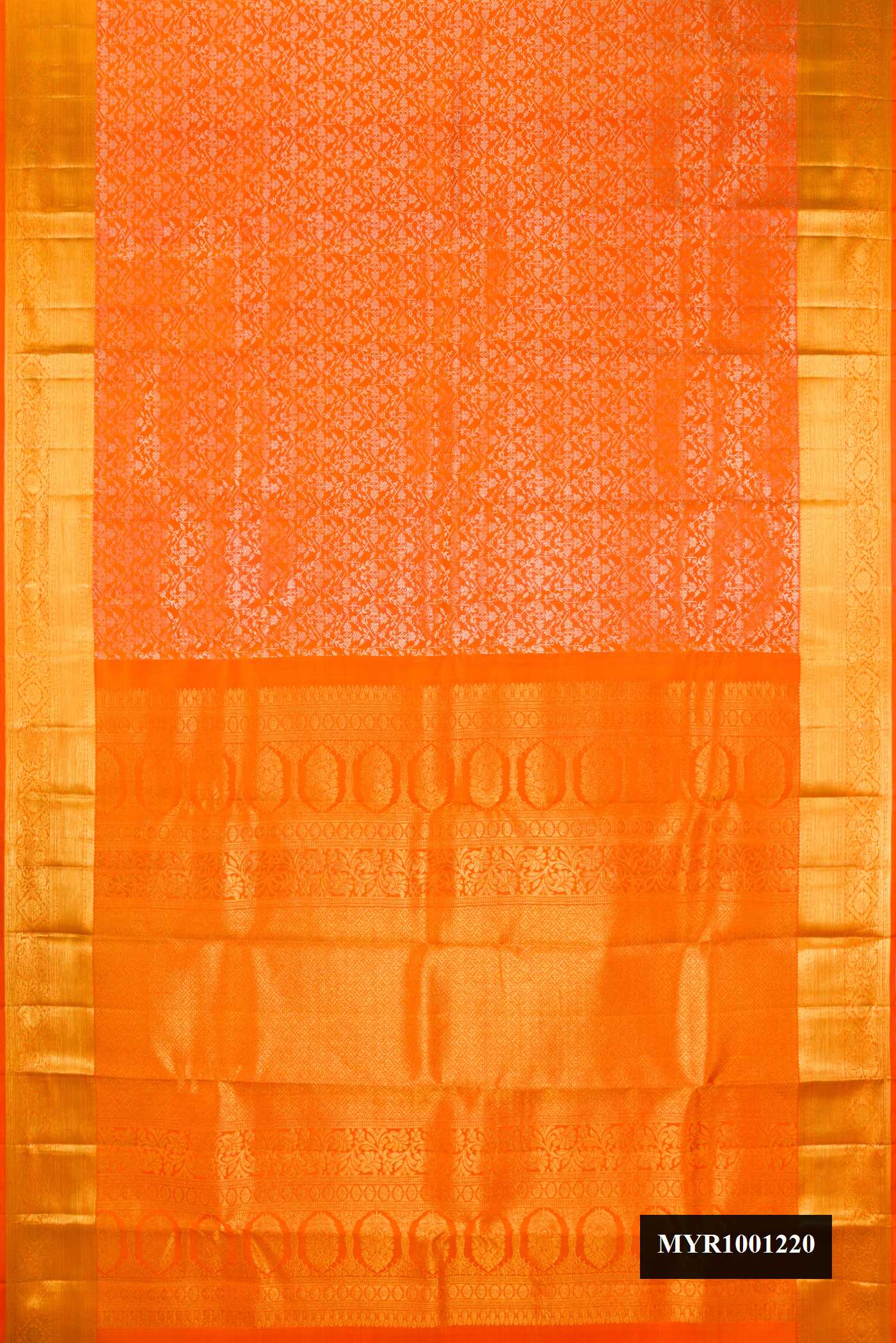 Orange Dual Tone Kanchipuram Silk Saree with Zari Brocade on the body and Fancy Border.  displayed on a mannequin