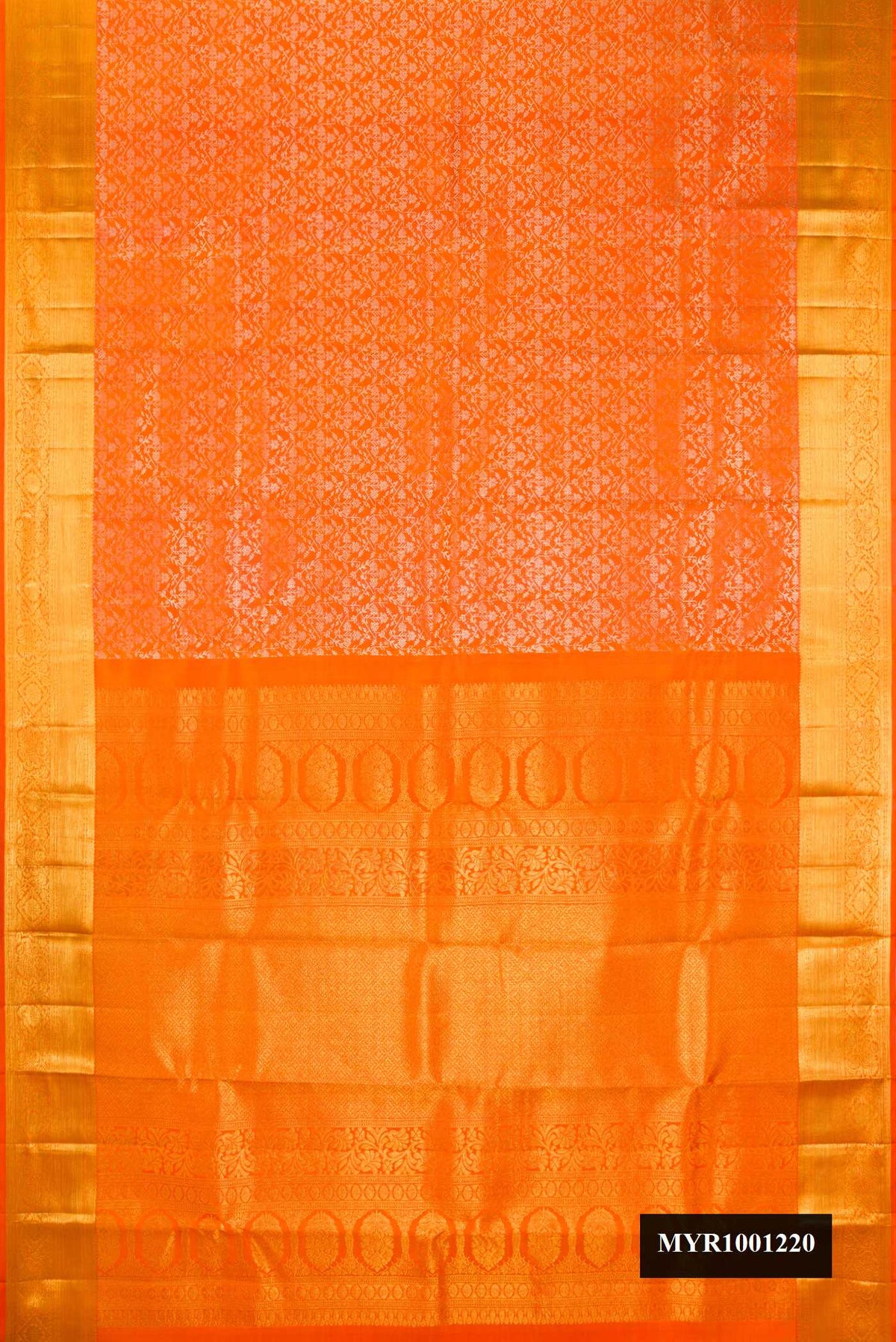Orange Dual Tone Kanchipuram Silk Saree with Zari Brocade on the body and Fancy Border.  displayed on a mannequin