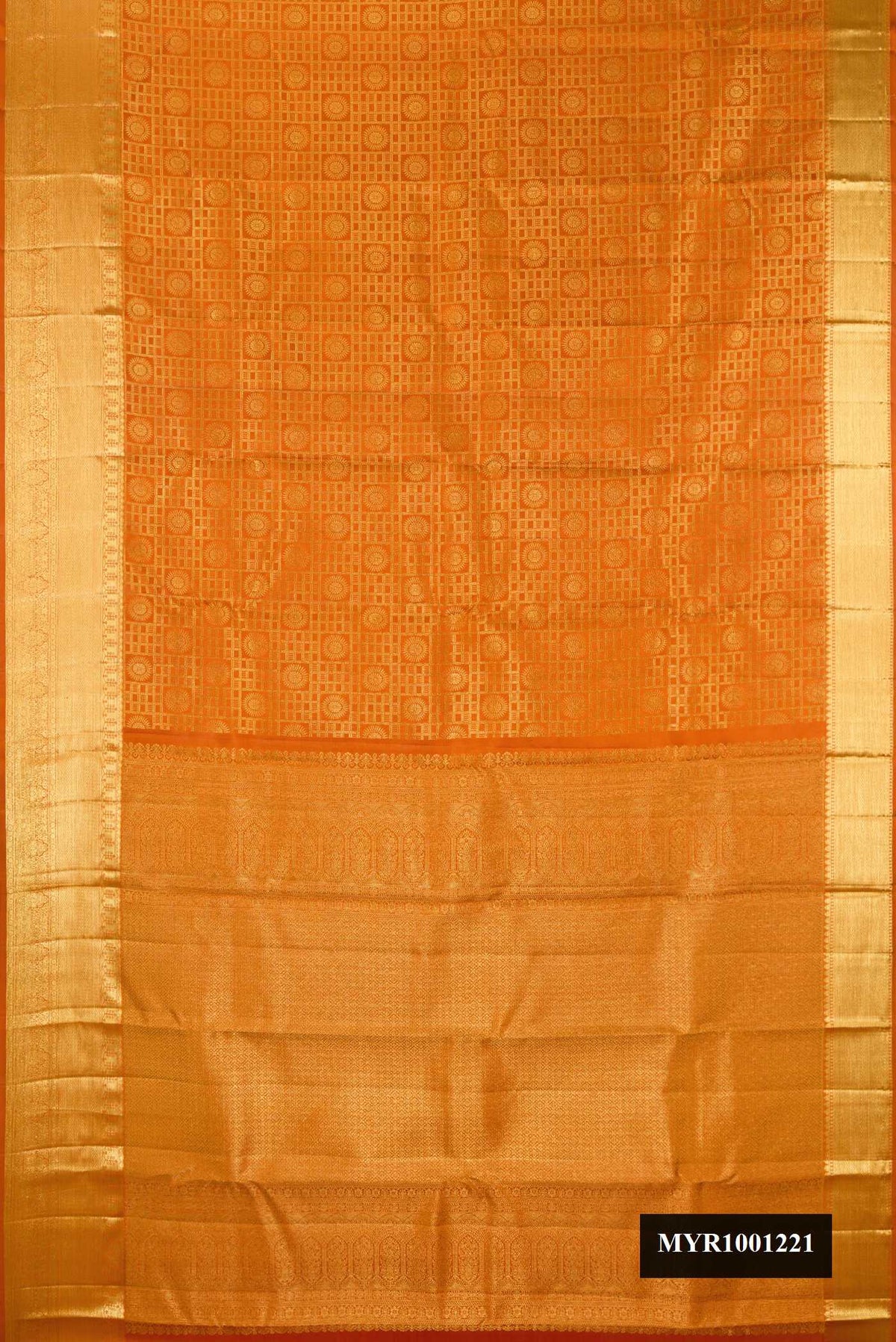 Mustard Dual Tone Kanchipuram Silk Saree with Zari Brocade on the body and Zari Border.  displayed on a mannequin