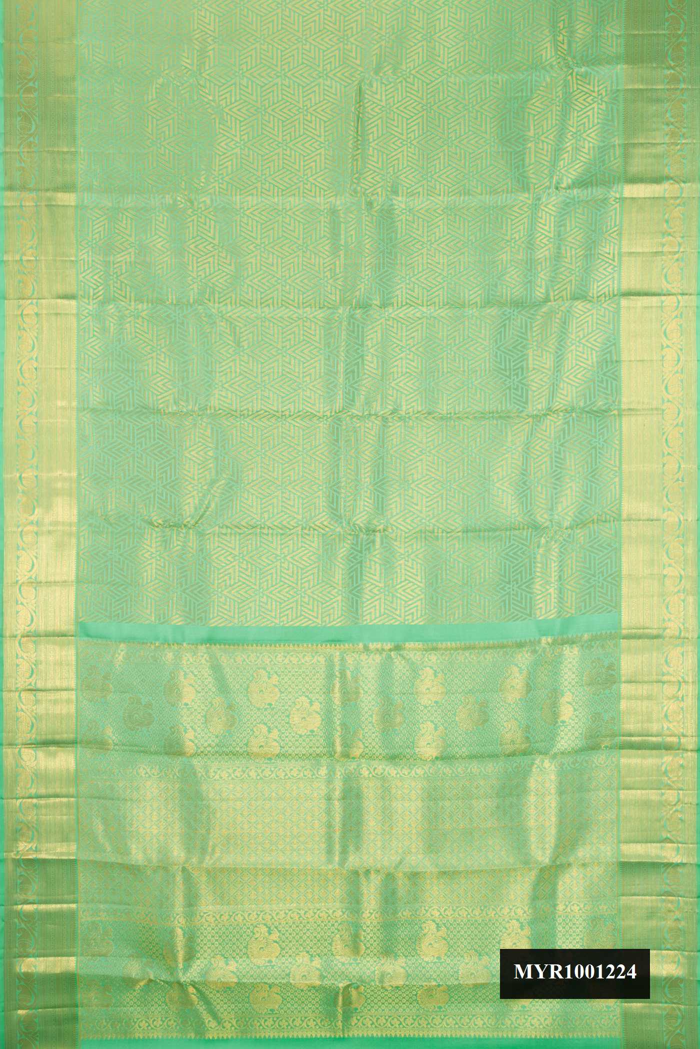 Pista Green Dual Tone Kanchipuram Silk Saree with Zari Brocade on the body and Zari Border.  displayed on a mannequin