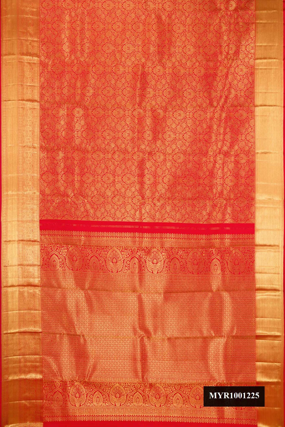 Red Dual Tone Kanchipuram Silk Saree with Zari Brocade on the body and Zari Border.  displayed on a mannequin