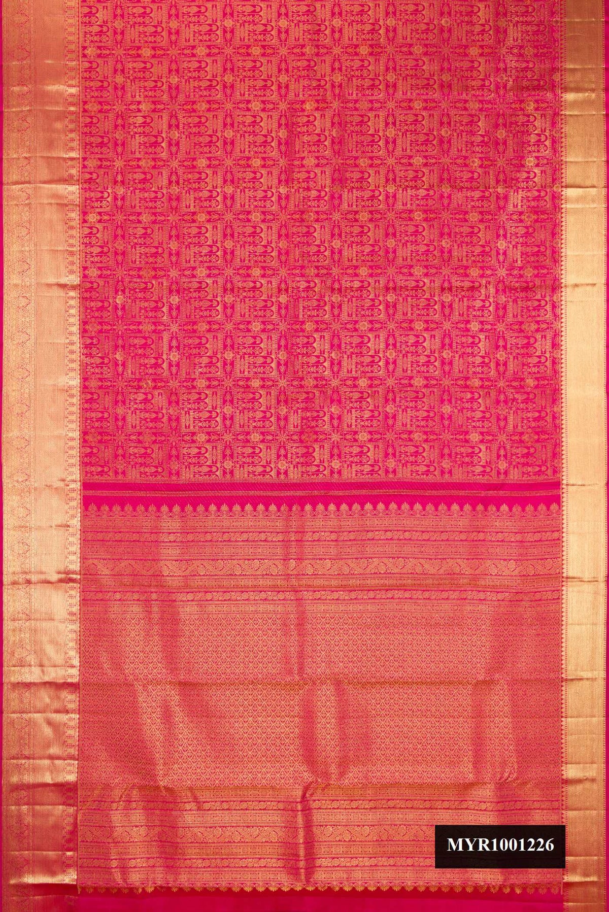 Dark Pink Dual Tone Kanchipuram Silk Saree with Zari Brocade on the body and Zari Border.  displayed on a mannequin