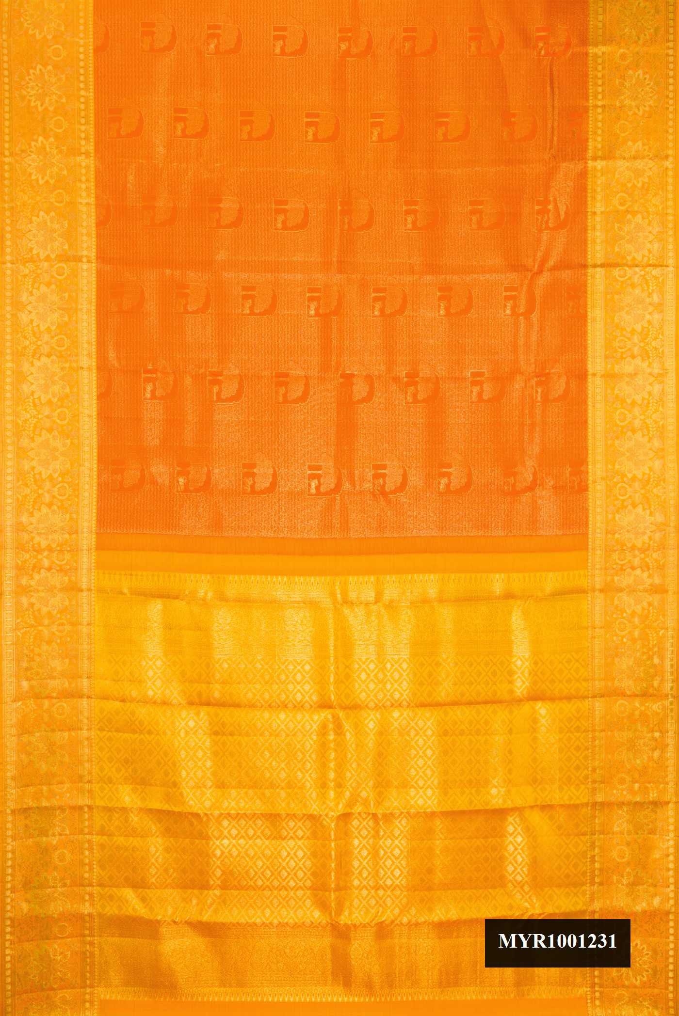 Orange Dual Tone Kanchipuram Silk Saree with Zari Brocade on the body and Zari Border.  displayed on a mannequin