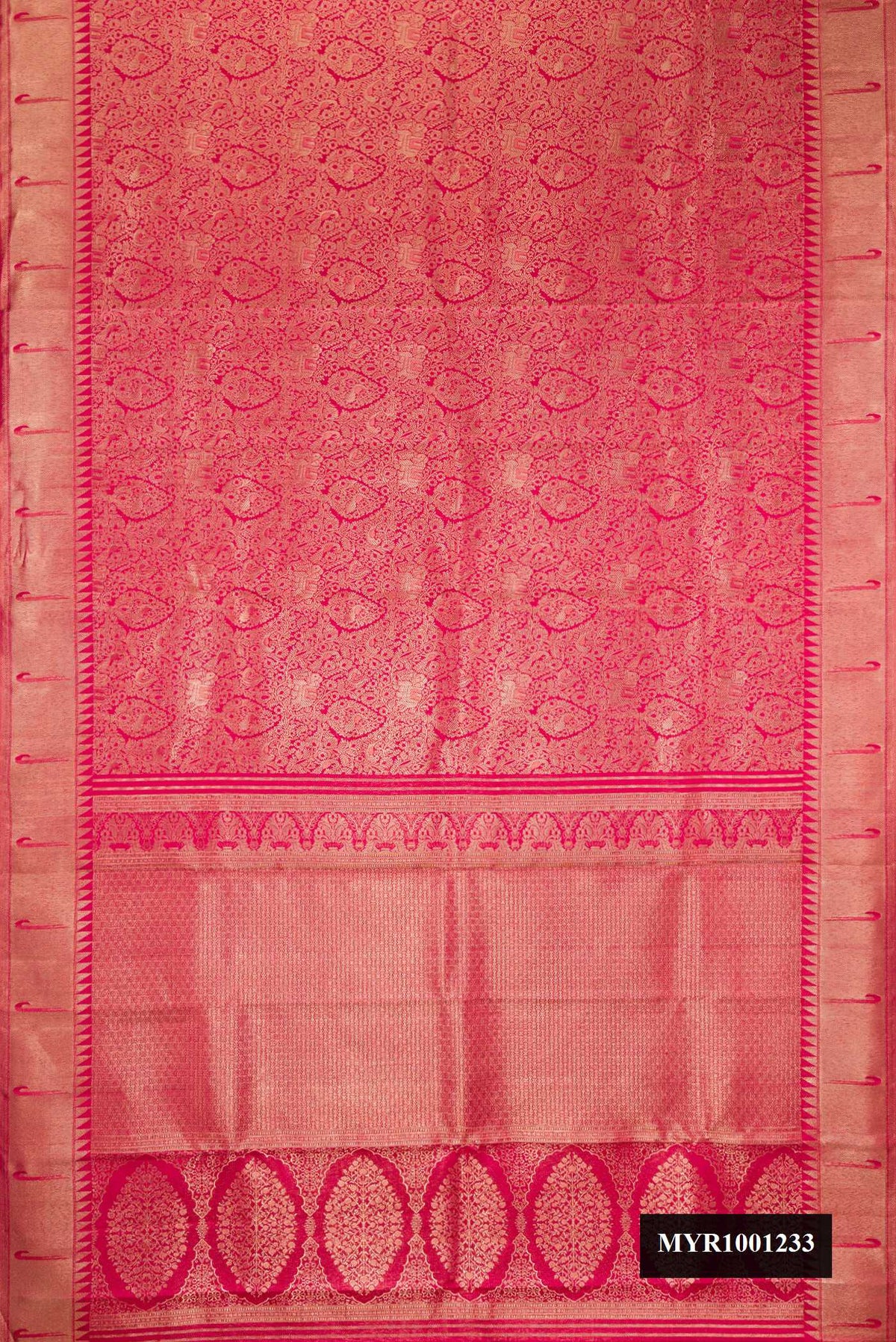 Dark Pink Dual Tone Kanchipuram Silk Saree with Zari Brocade on the body and Paithani Border.  displayed on a mannequin