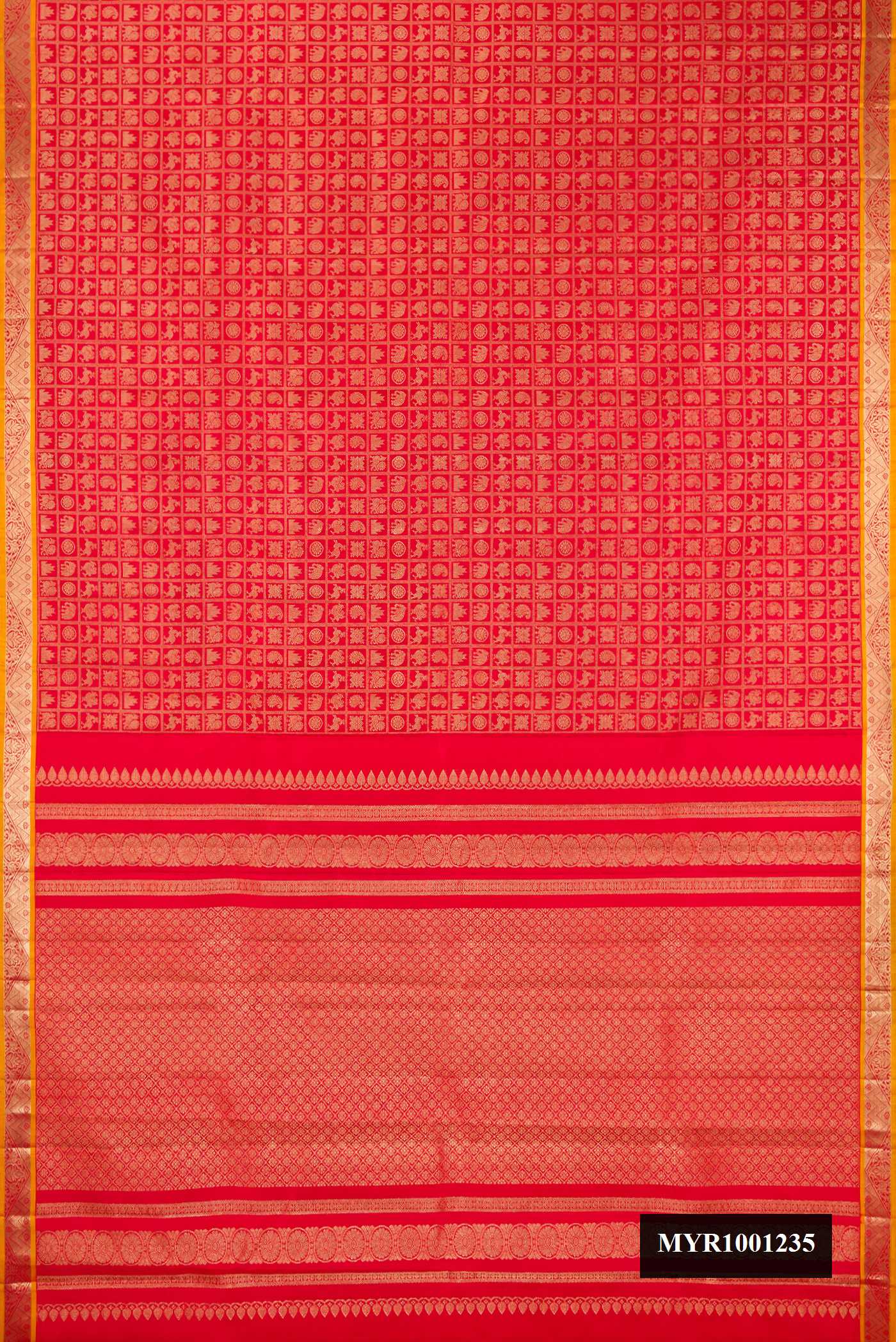 Red Dual Tone Kanchipuram Silk Saree with Zari Brocade on the body and Zari Border.  displayed on a mannequin