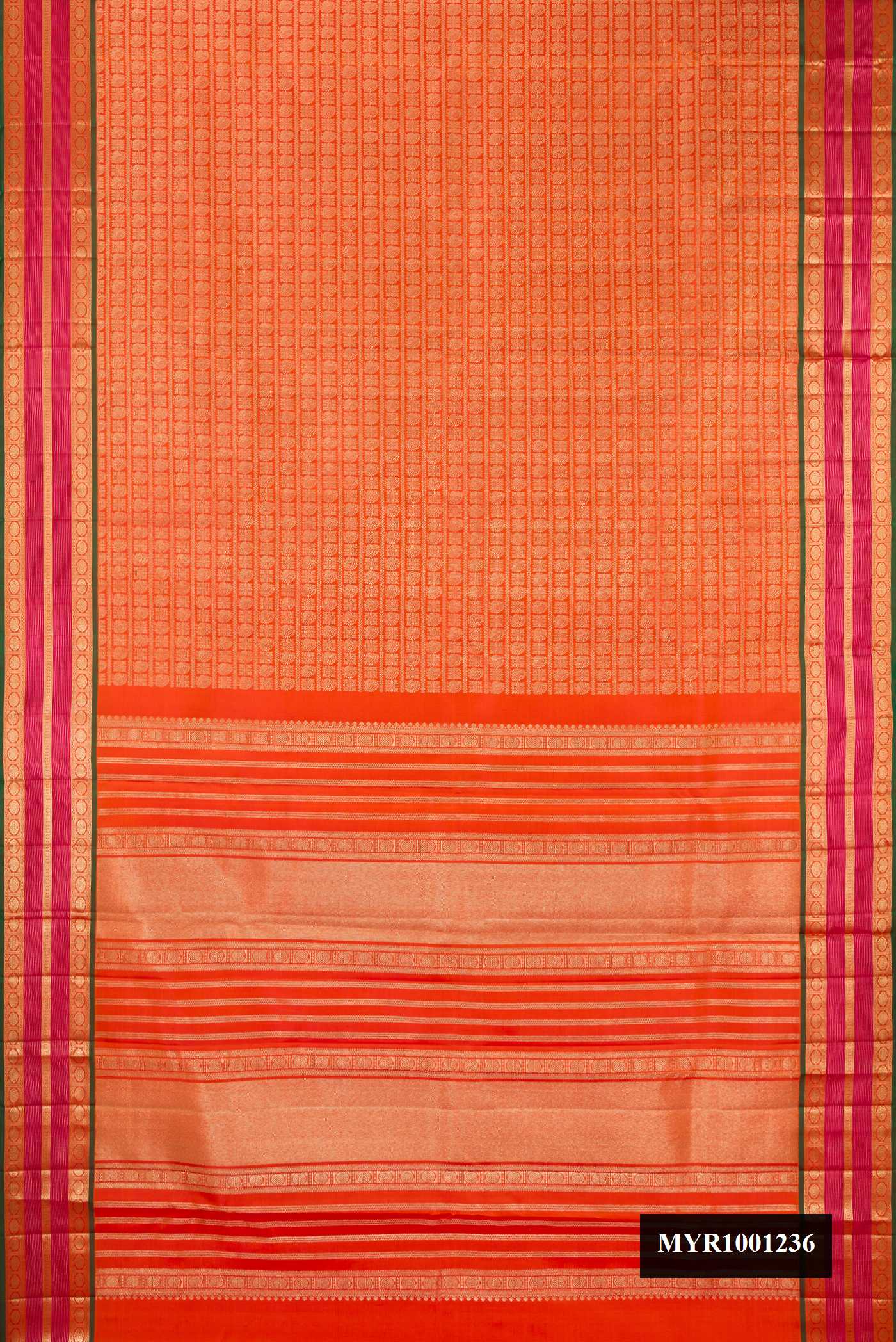 Orange Dual Tone Kanchipuram Silk Saree with Zari Brocade on the body and Zari Border.  displayed on a mannequin
