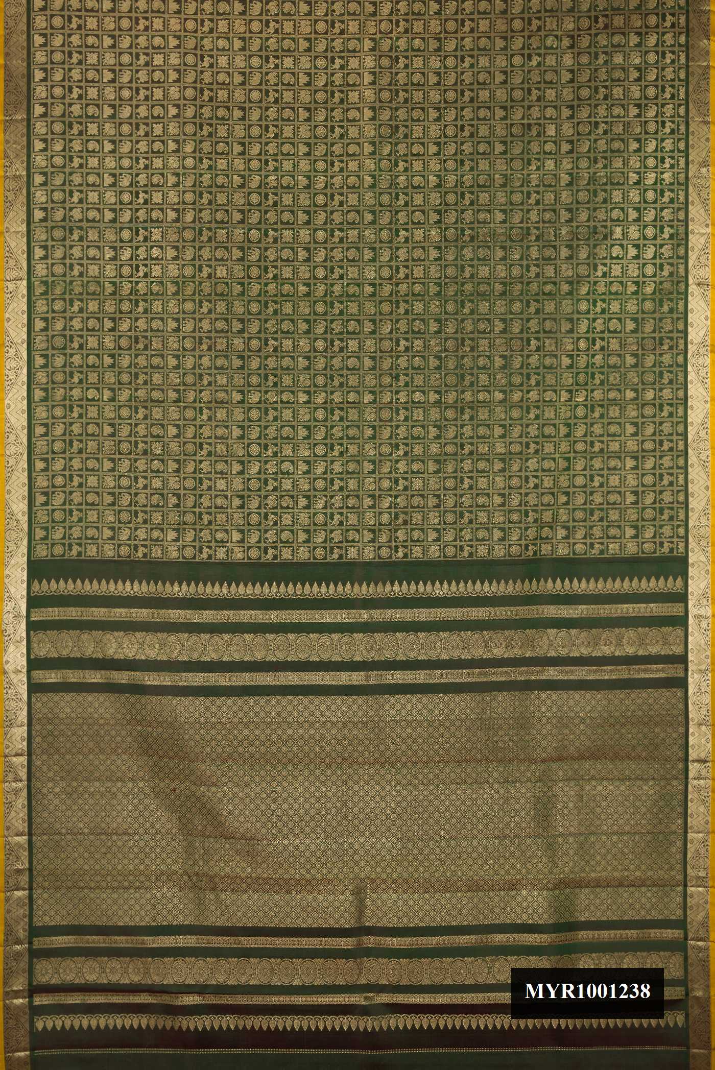 Bottle Green Dual Tone Kanchipuram Silk Saree with Zari Brocade on the body and Zari Border.  displayed on a mannequin