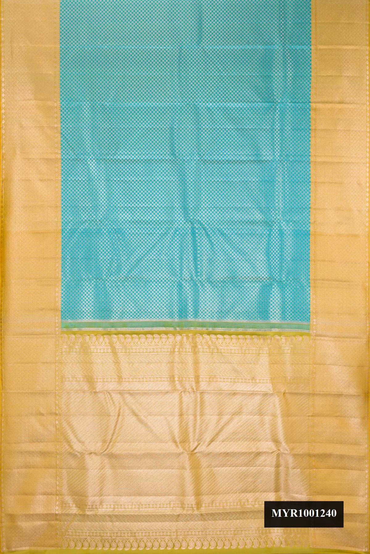 Blue Dual Tone Kanchipuram Tissue Silk Saree with Zari Brocade on the body and Fancy Border.  displayed on a mannequin