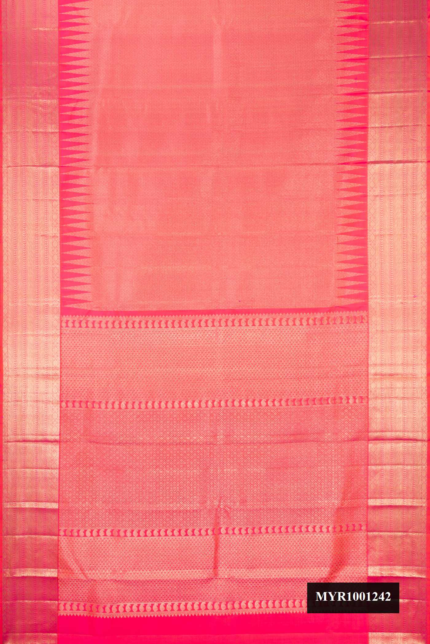 Rose pink Dual Tone Kanchipuram Silk Saree with Zari Brocade on the body and Fancy Border.  displayed on a mannequin
