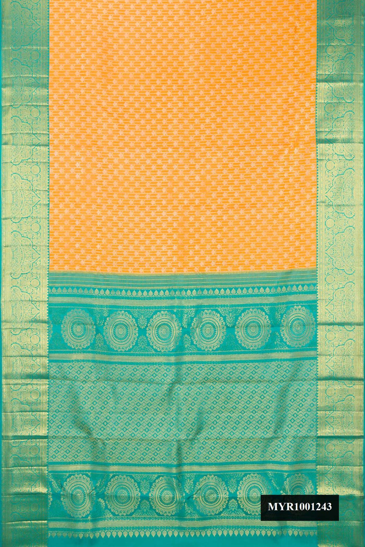 Yellow Dual Tone Kanchipuram Silk Saree with Zari Brocade on the body and Zari Border.  displayed on a mannequin