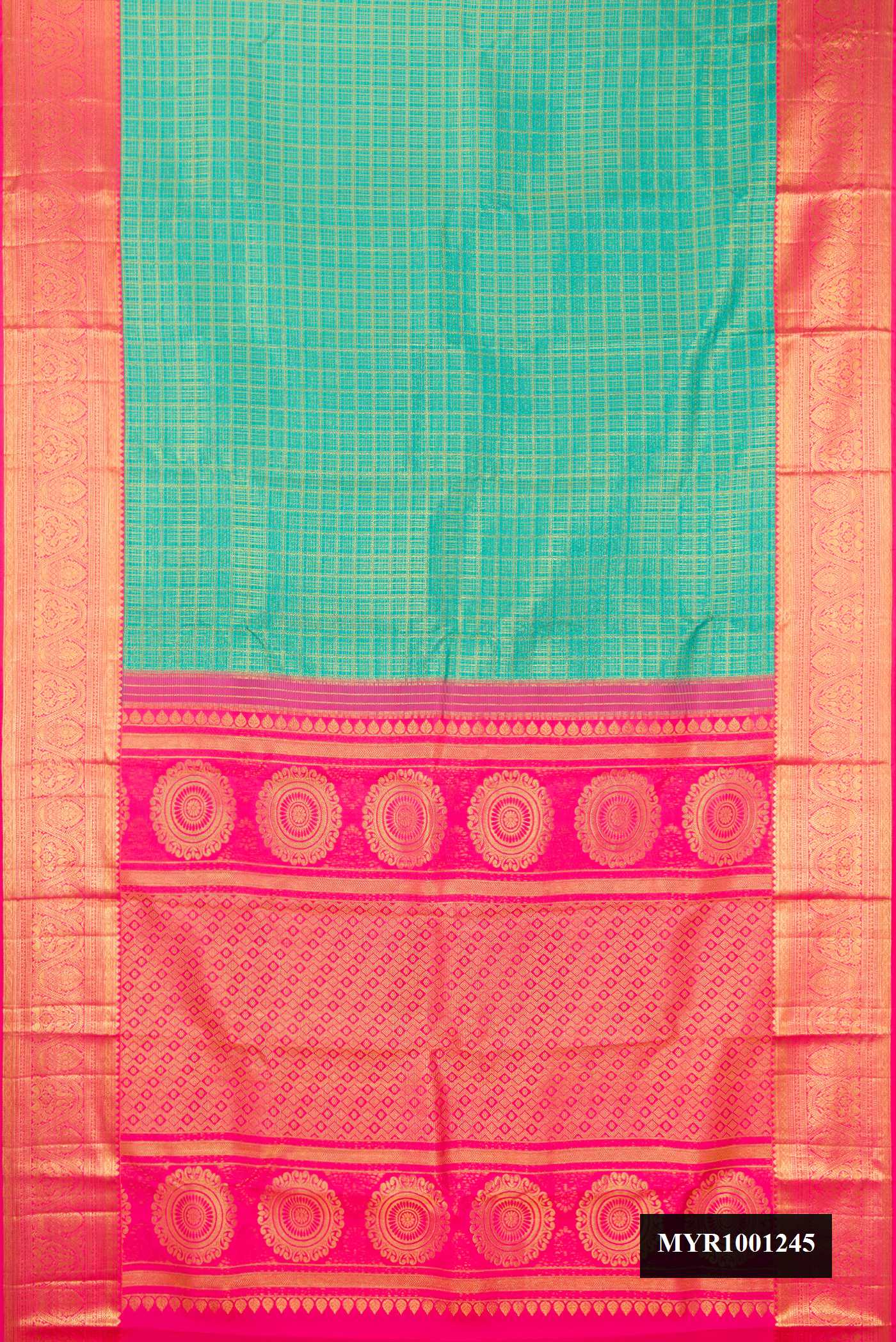 Sea Green Dual Tone Kanchipuram Silk Saree with Zari Brocade on the body and Zari Border.  displayed on a mannequin