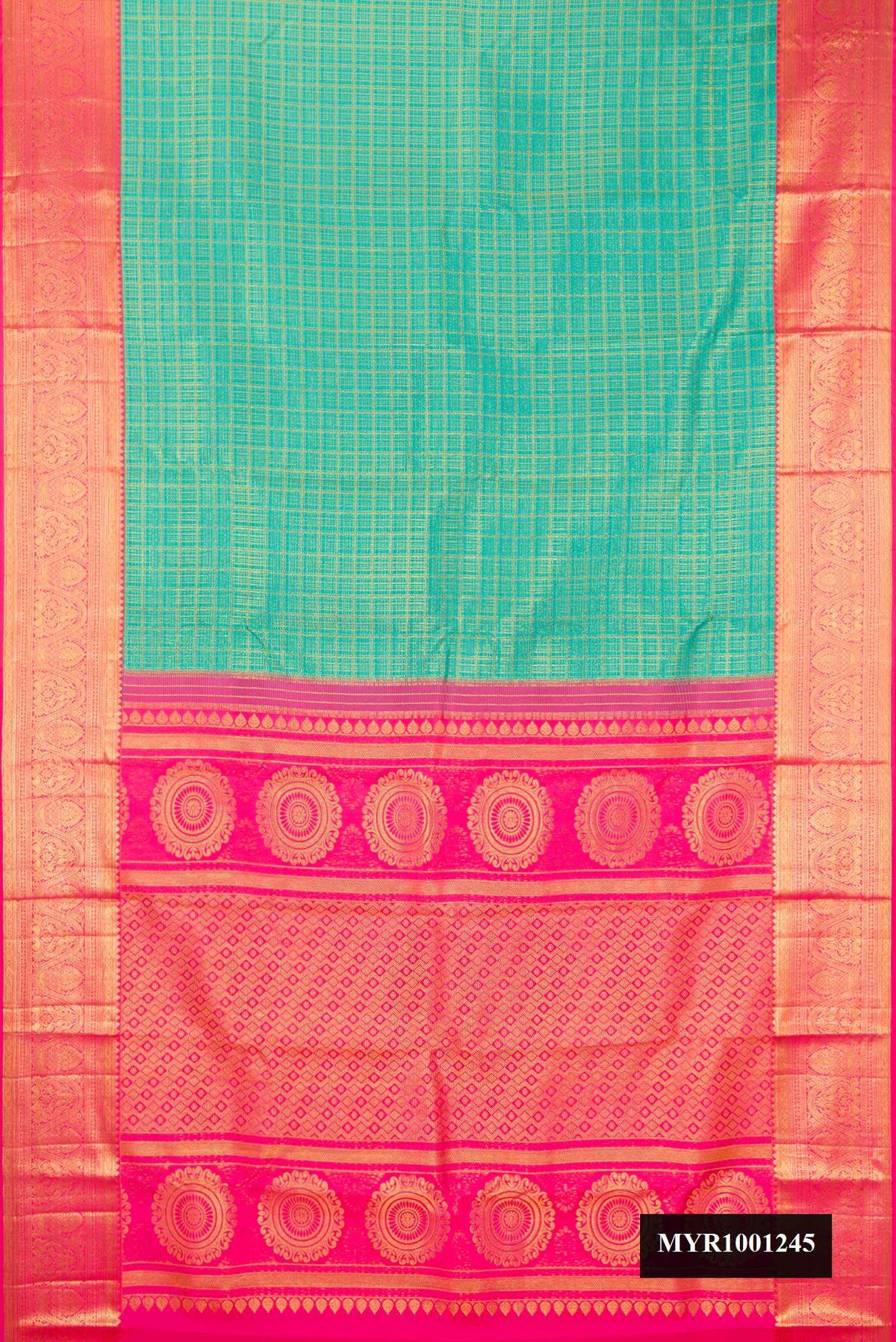 Sea Green Dual Tone Kanchipuram Silk Saree with Zari Brocade on the body and Zari Border.  displayed on a mannequin