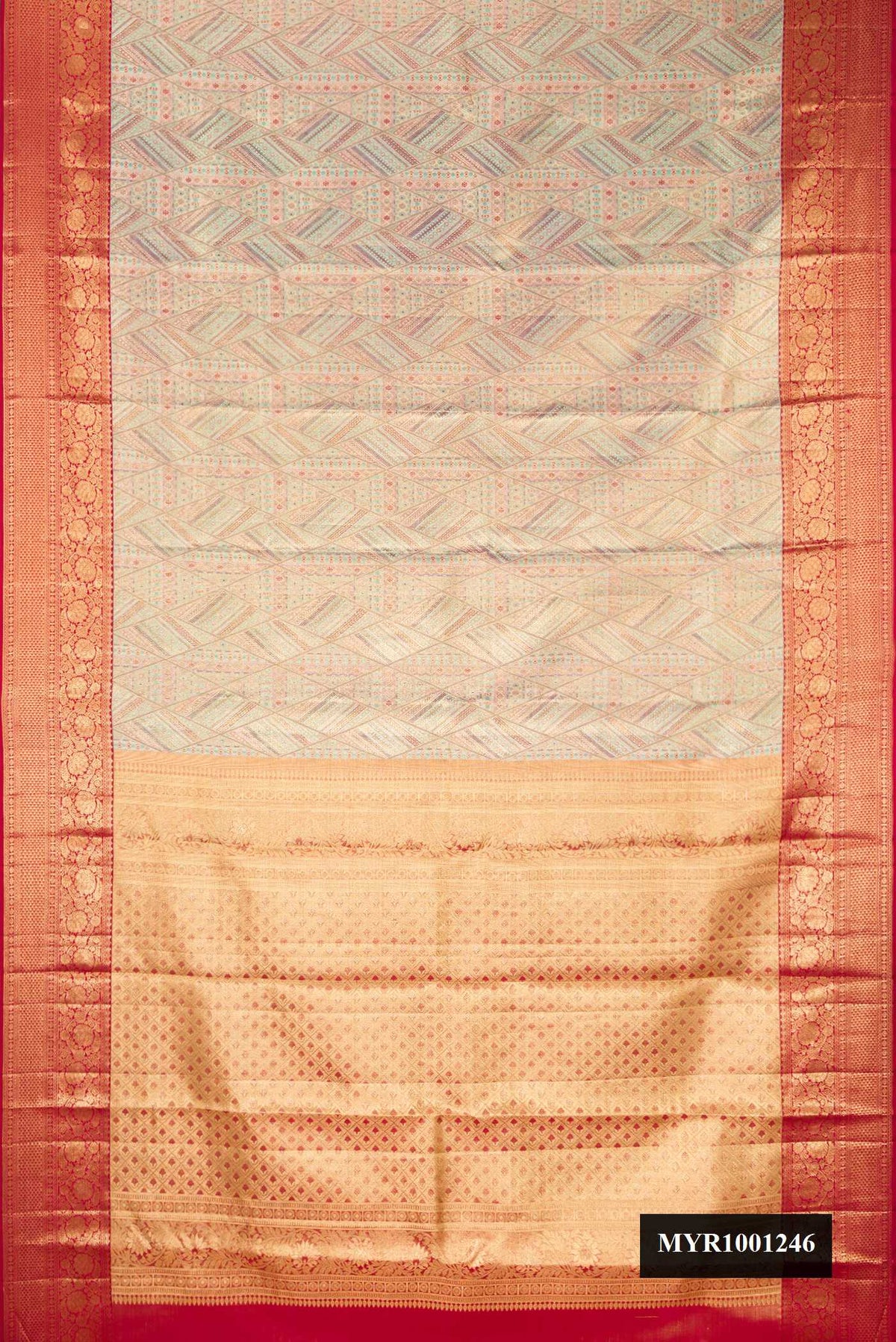 Sky Blue Dual Tone Kanchipuram Tissue Silk Saree with Zari Brocade on the body and Zari Border.  displayed on a mannequin