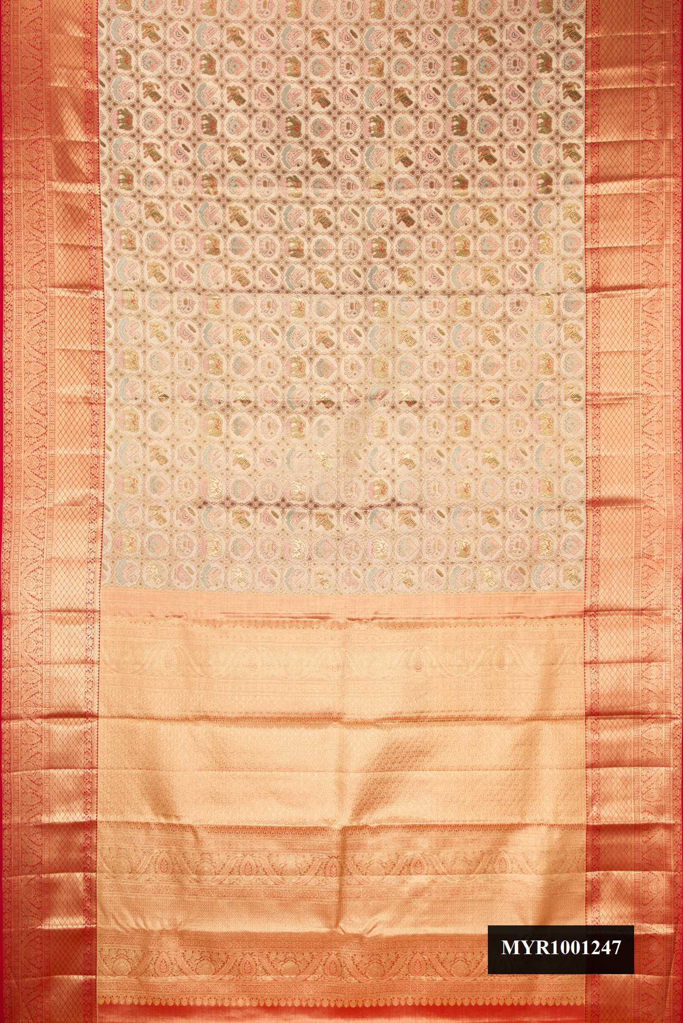 Gold Dual Tone Kanchipuram Tissue Silk Saree with Zari Brocade on the body and Zari Border.  displayed on a mannequin