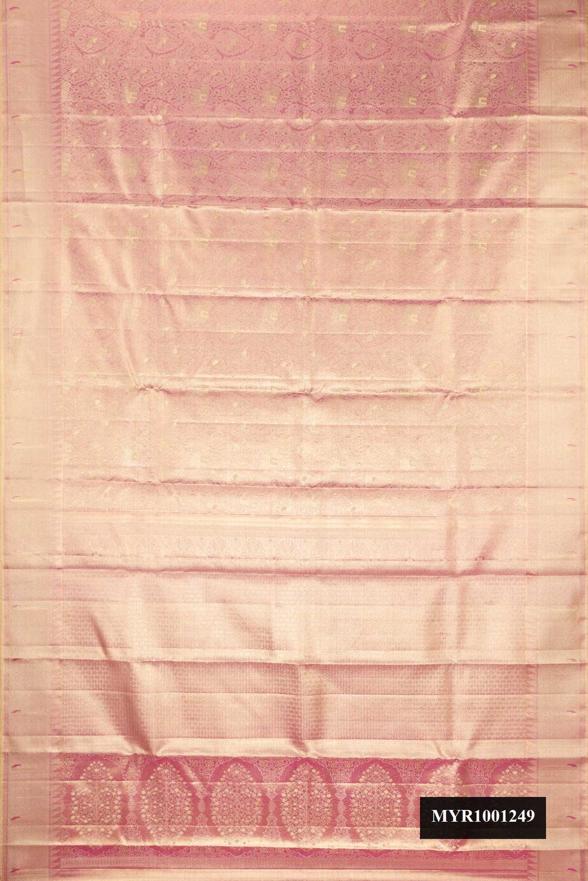 Rose Gold Dual Tone Kanchipuram Tissue Silk Saree with Zari Brocade on the body and Fancy Border.  displayed on a mannequin