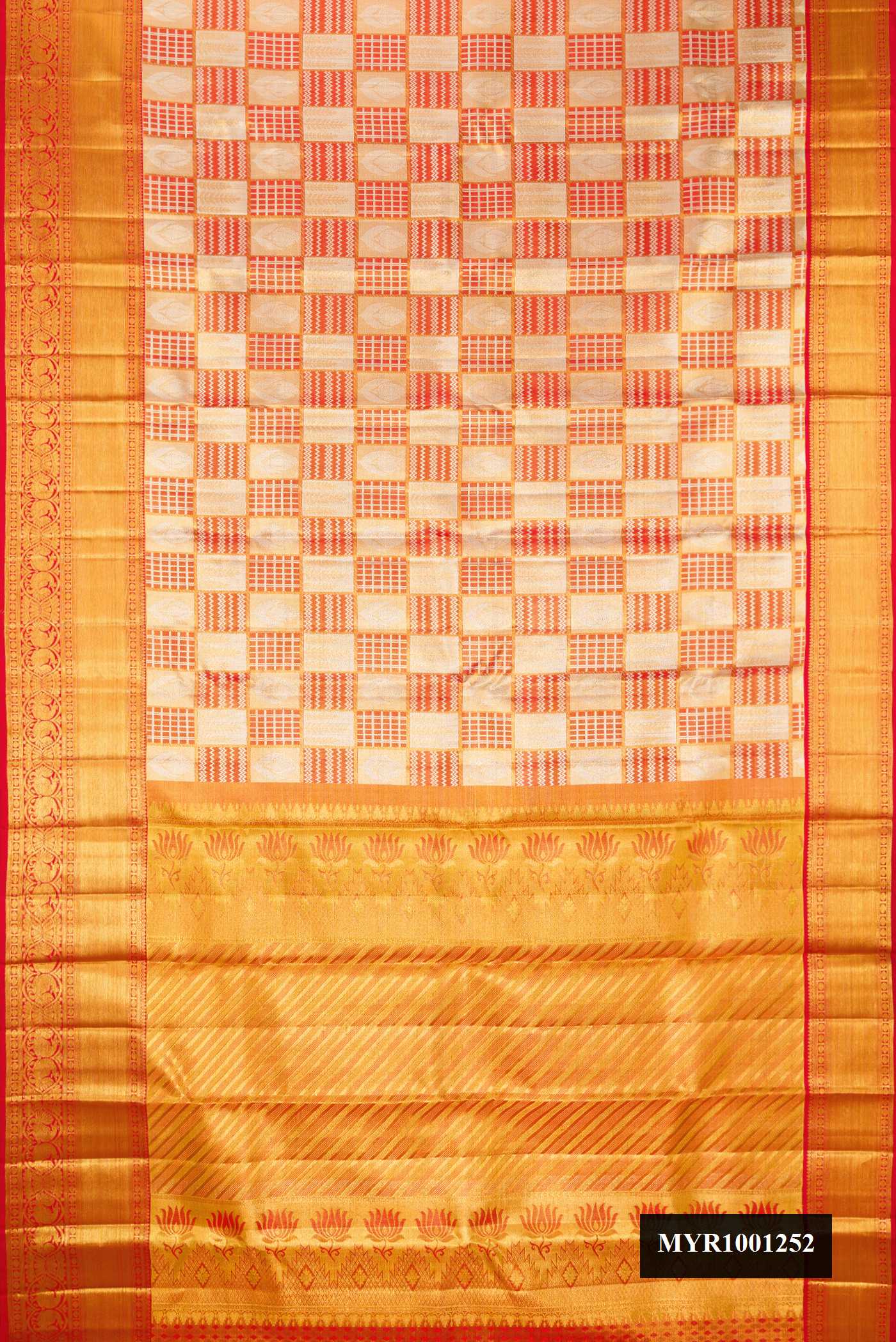 Red Dual Tone Kanchipuram Tissue Silk Saree with Zari Brocade on the body and Zari Border.  displayed on a mannequin