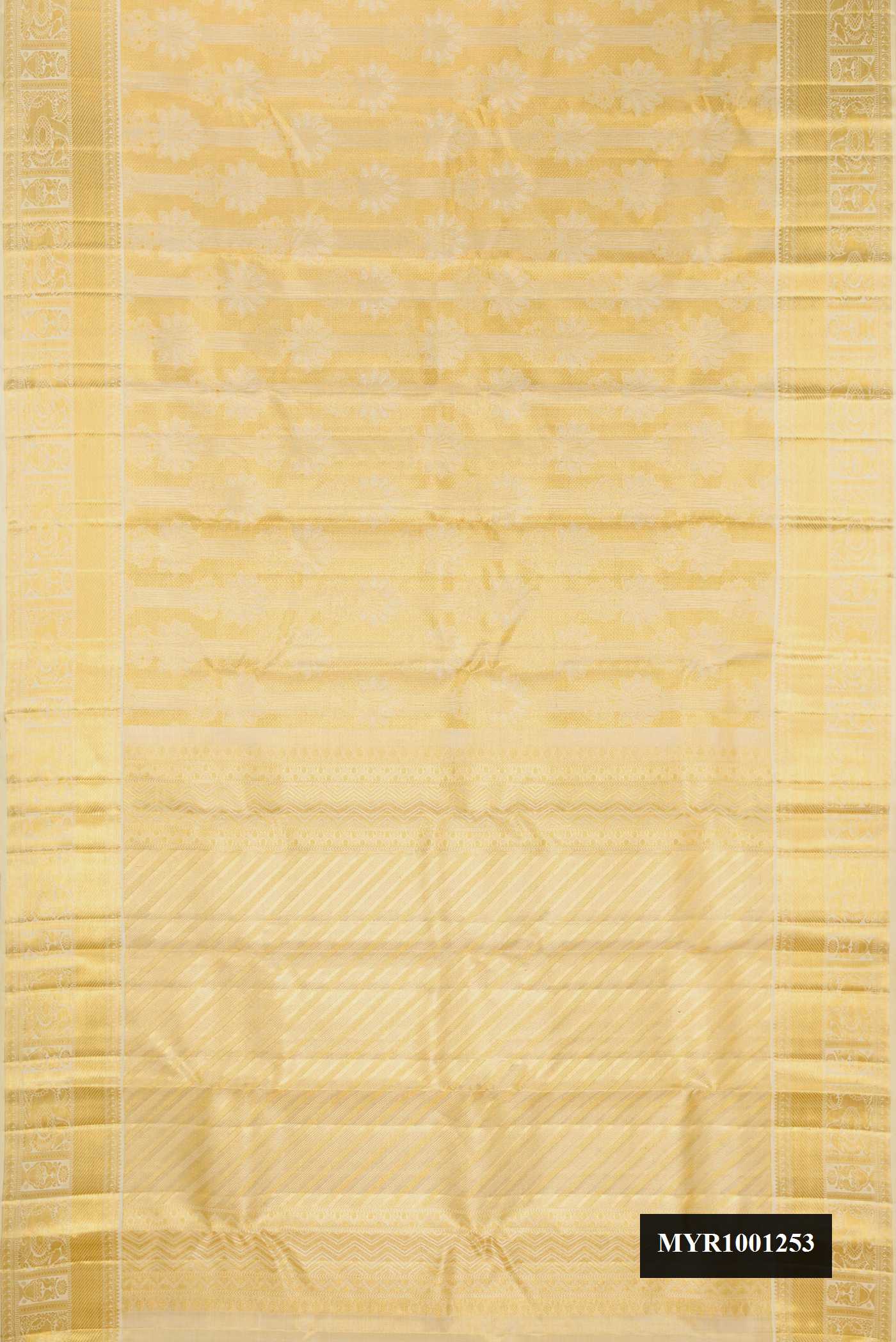Gold Dual Tone Kanchipuram Tissue Silk Saree with Zari Brocade on the body and Zari Border.  displayed on a mannequin
