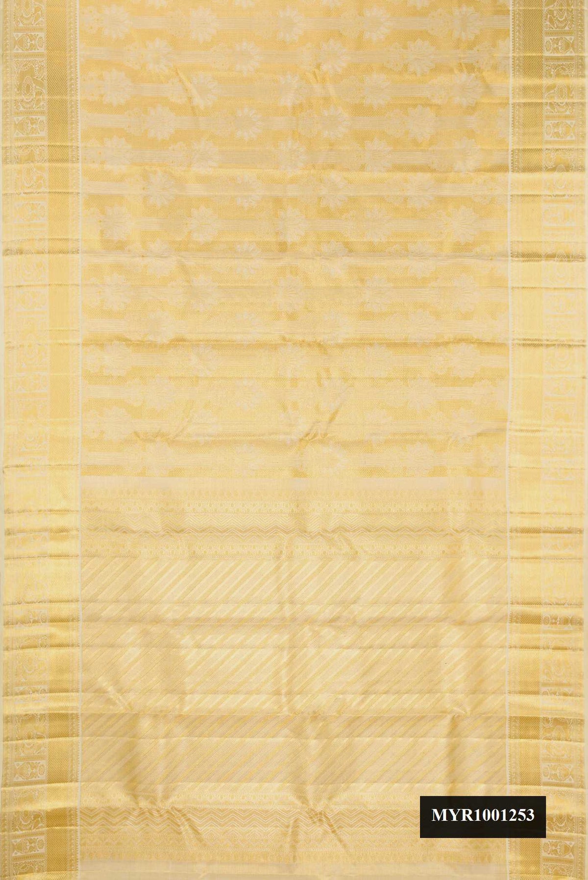 Gold Dual Tone Kanchipuram Tissue Silk Saree with Zari Brocade on the body and Zari Border.  displayed on a mannequin