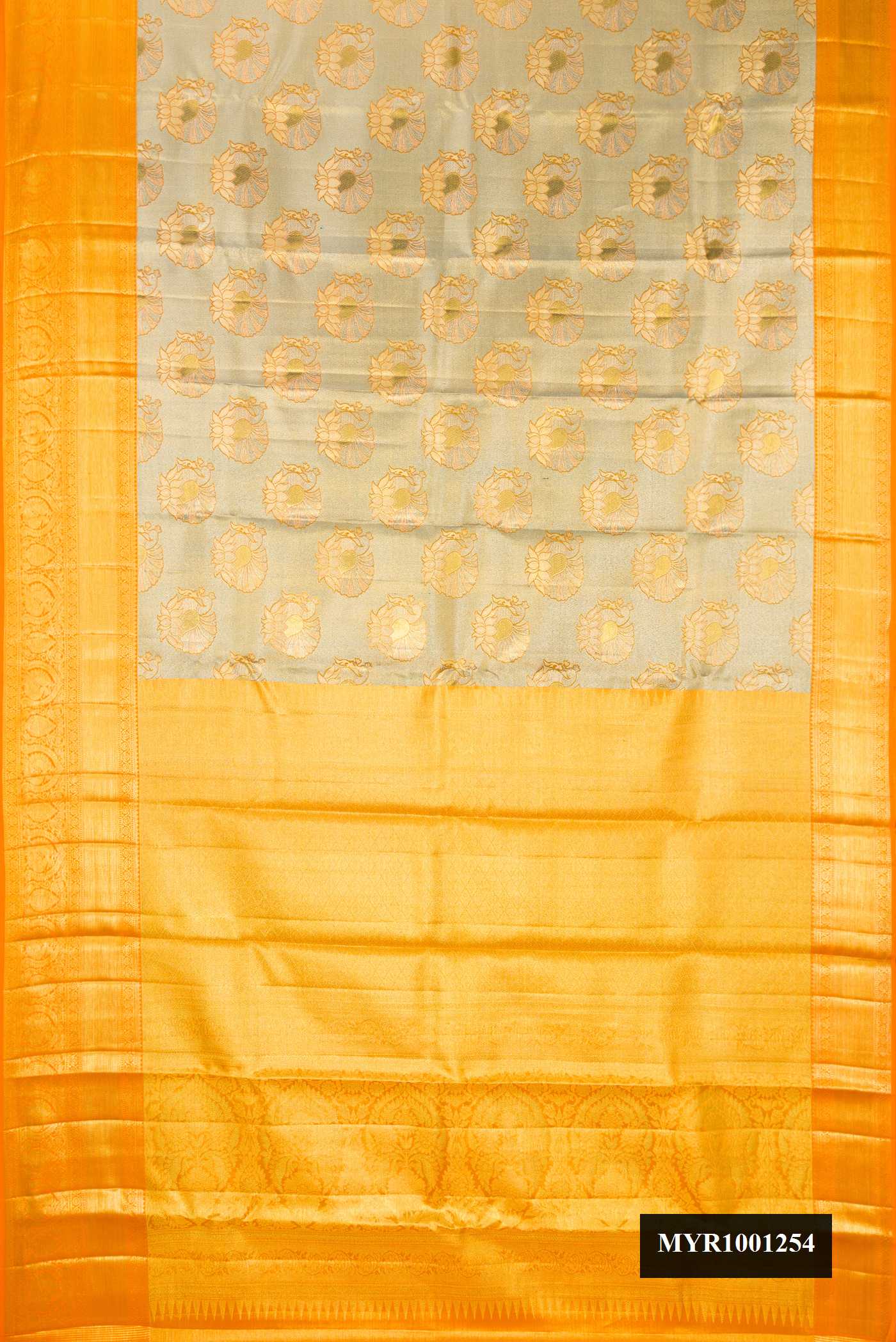 Gold Dual Tone Kanchipuram Tissue Silk Saree with Zari Brocade on the body and Zari Border.  displayed on a mannequin